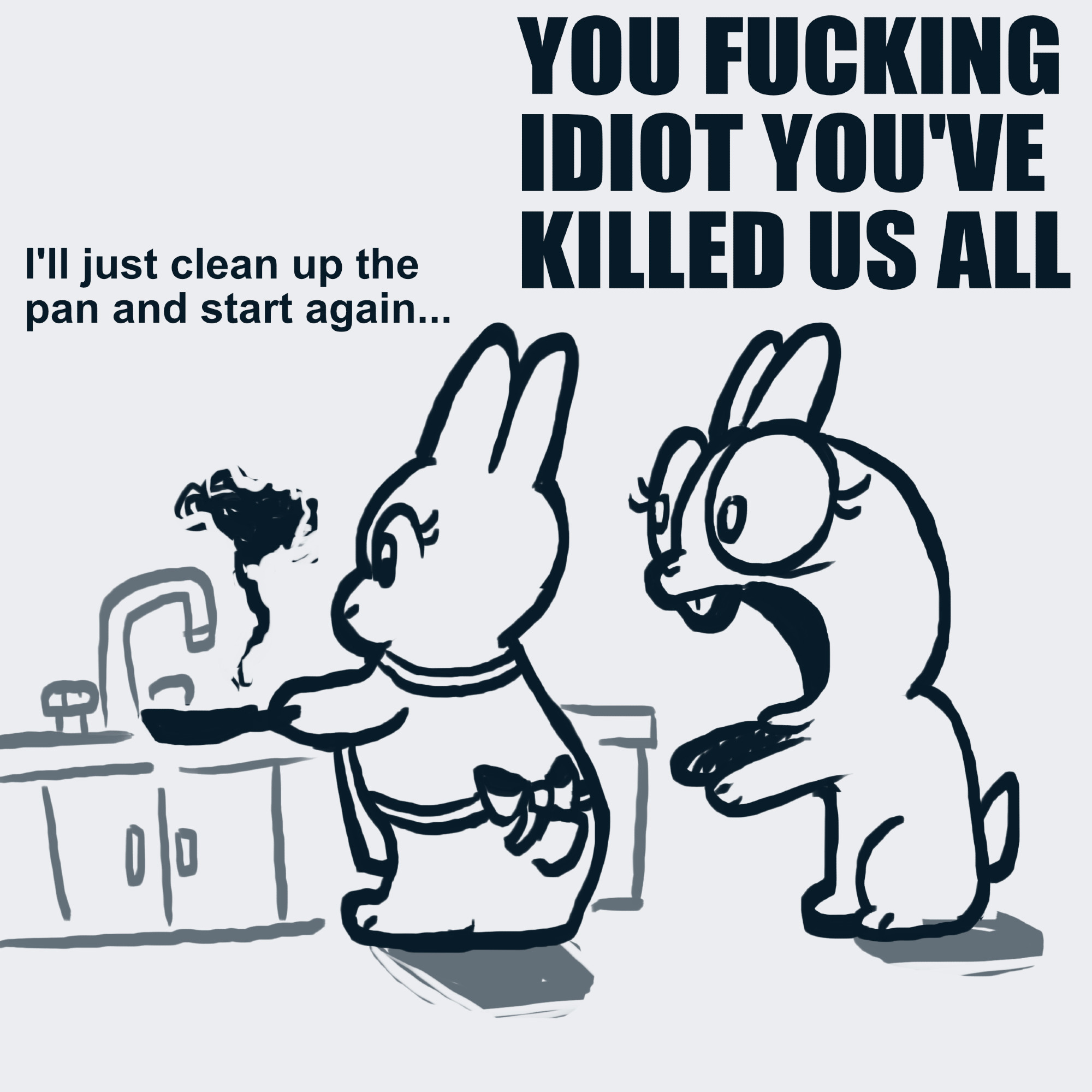 The bunny goes to wash off the hot pan while their friend warns them of the consequences.