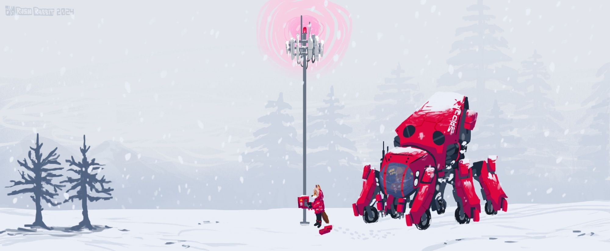 An anthro fox dressed in a heavy coat fixes a glowing, metal tower in the middle of a snowy clearing. There are mountains and tall pine trees in the distance and parked besides the fox is a large, red, spider-like vehicle coated in snow.