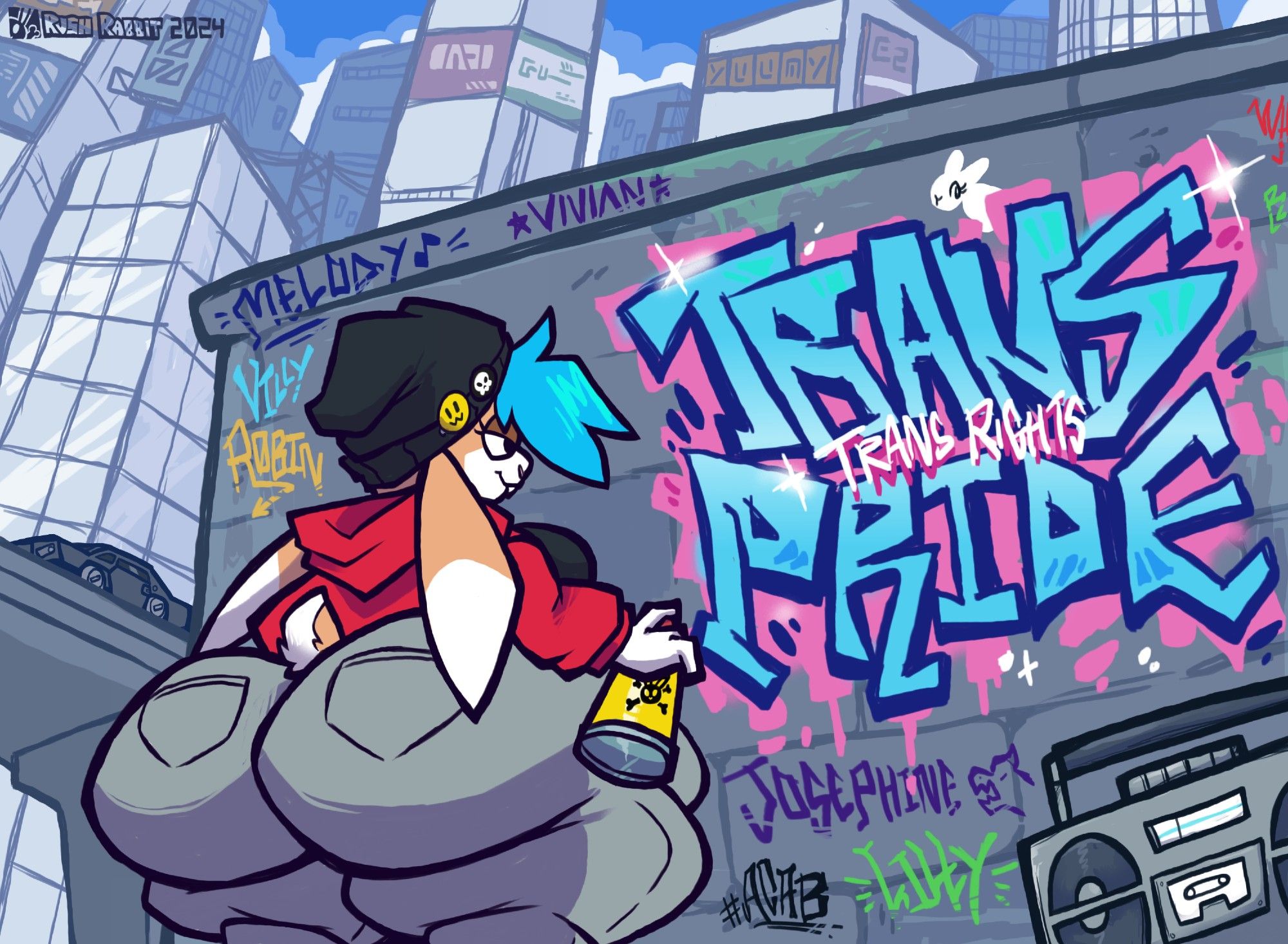 Rush the Rabbit with her thicc ass cheeks spray paints "TRANS PRIDE" over a brick wall, the wall is also scralled with other various tags. In the background is a towering megacity and a highway bridge.