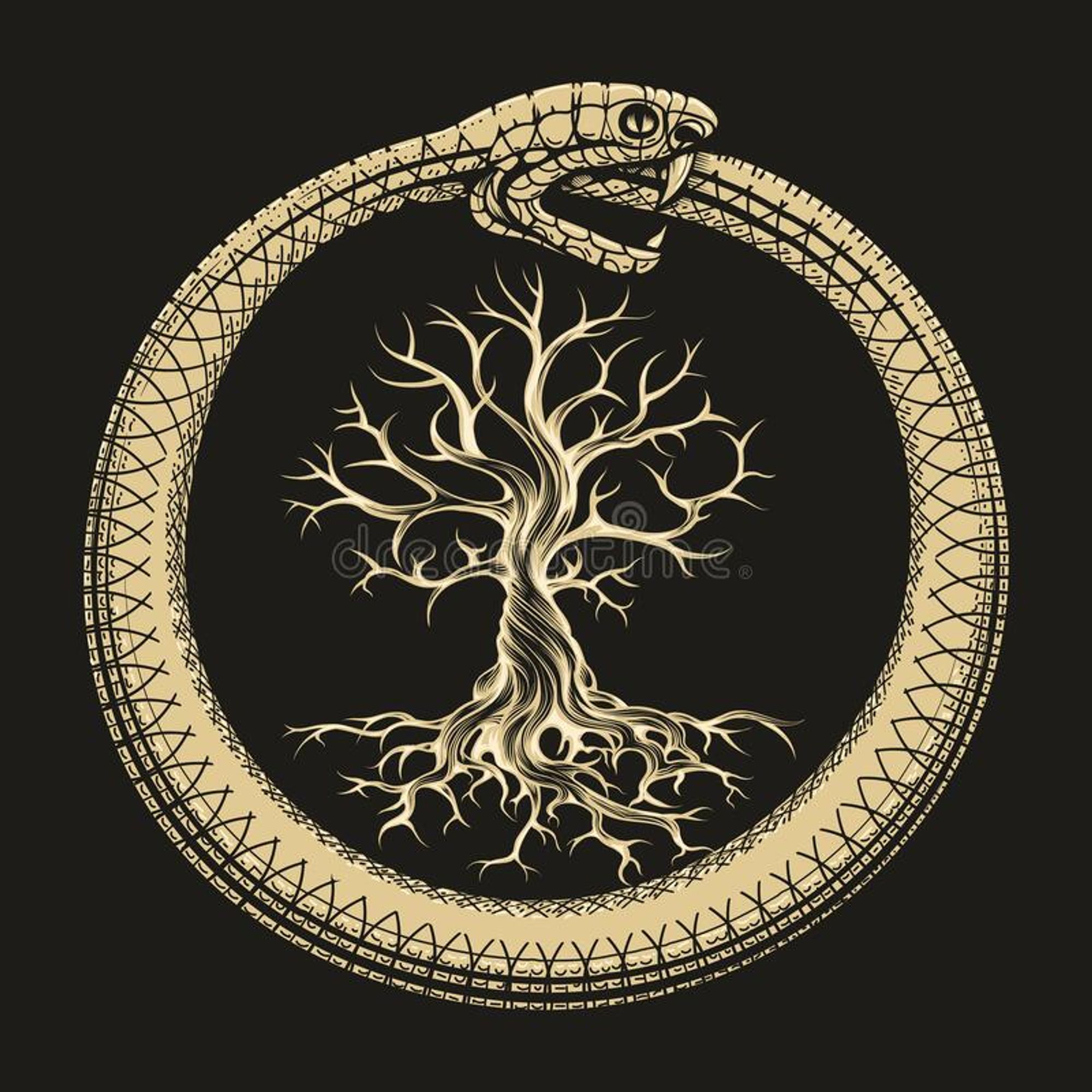 ouroboros serpent se mordant la queue encerclant un arbre de vie