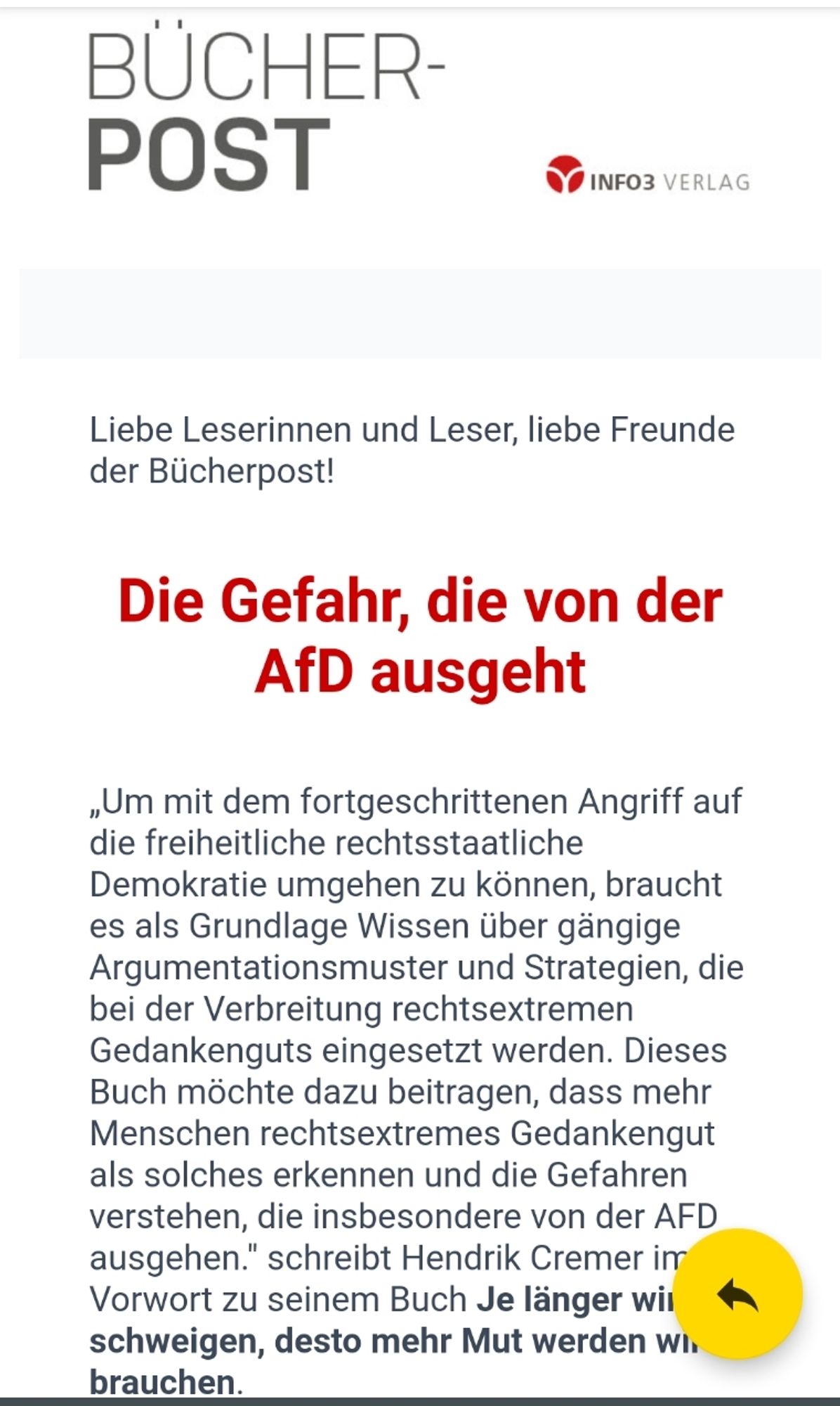 Bild zeigt Textausschnitt aus einer Rundmail der anthroposophischen Zeitschrift Info3. Der Text bewirbt das Buch "Je länger wir schweigen, desto mehr Mut werden wir brauchen - Wie gefährlich die AfD wirklich ist" von Hendrik Cremer.