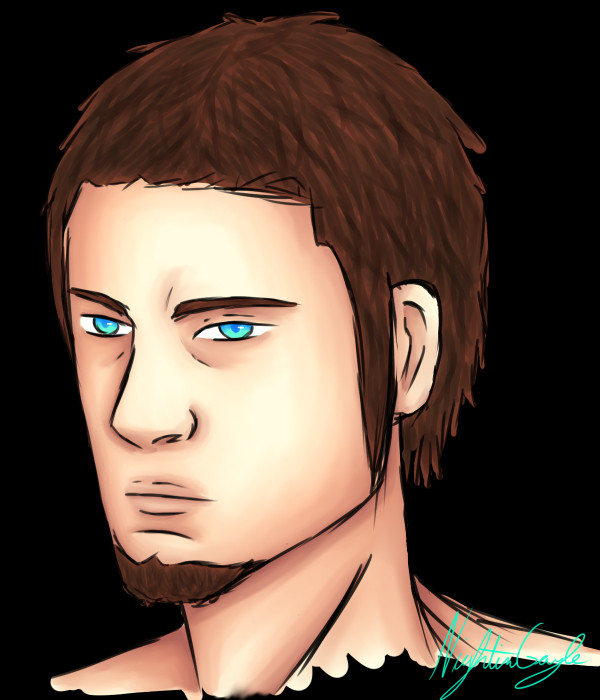 Cor Leonis from Final Fantasy 15. A middle aged man from the shoulders up, with short brown hair and a small beard on the chin. Blue eyes and slight wrinkles. Plain black background.