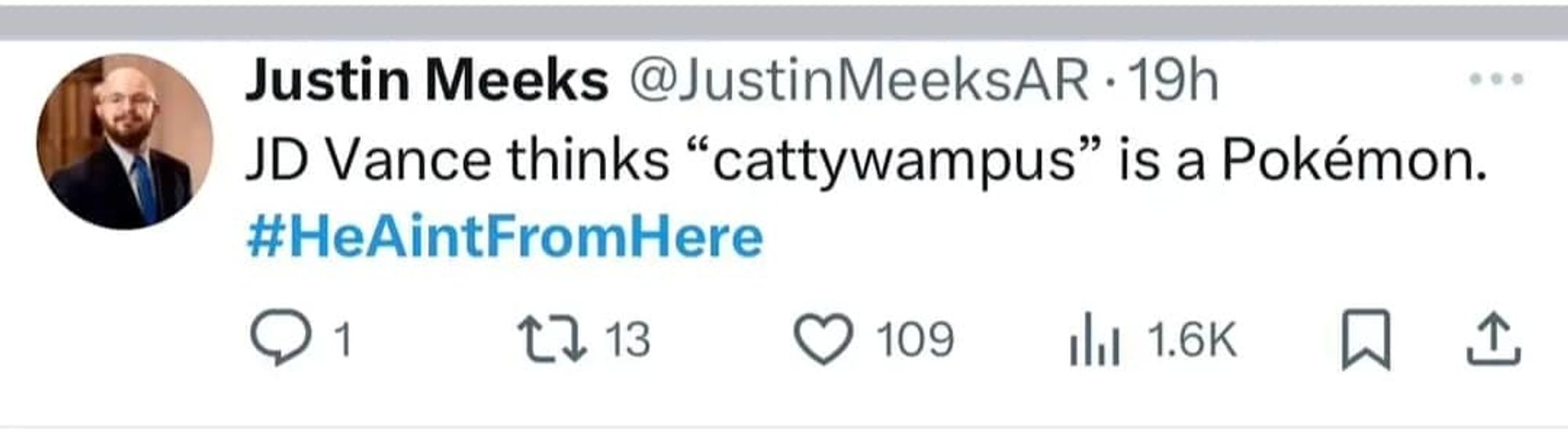 Justin Meeks @JustinMeeksAR writes, "JD Vance thinks 'cattywampus' is a Pokemon." #HeAintFromHere