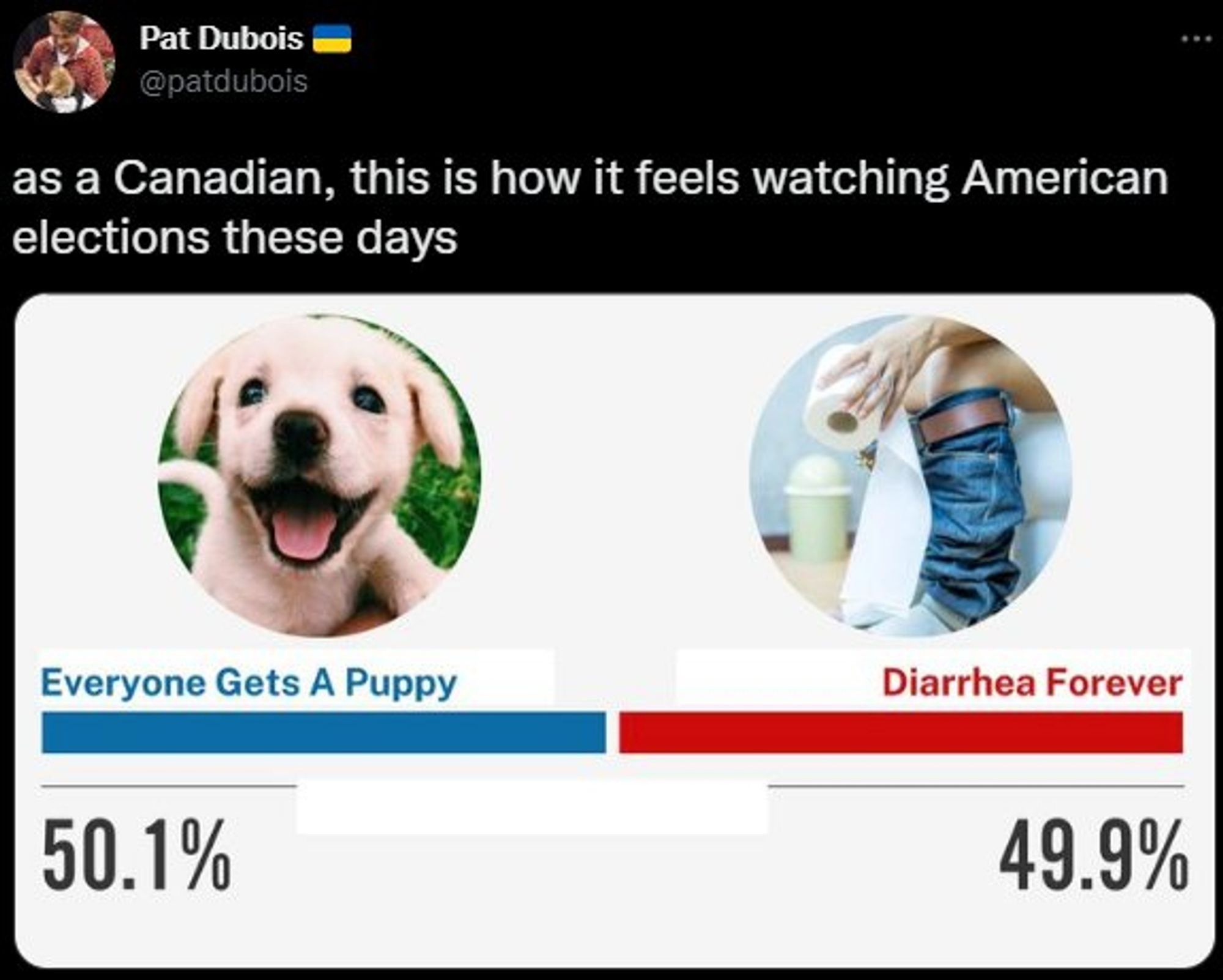 As a Canadian this is how it feels watching American elections these days. 50.1% Everyone gets a puppy! With a picture of a happy smiling dog. 49.9% Diarrhea forever. With a pic of legs and a hand holding toilet paper.