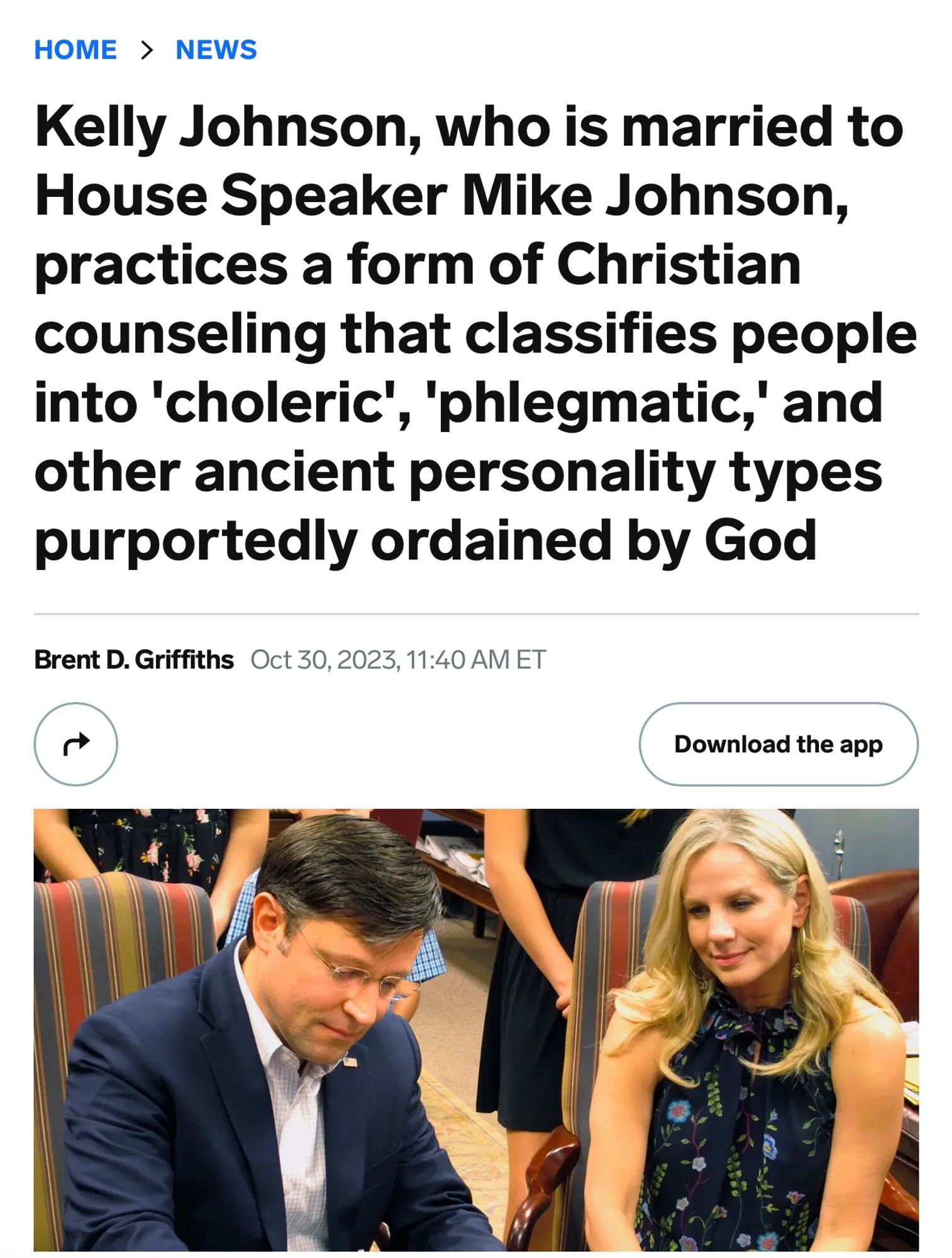 headline reading ‘Kelly Johnson, who is married to House Speaker Mike Johnson, practices a form of Christian counseling that classifies people into 'choleric', 'phlegmatic,' and other ancient personality types purportedly ordained by God’