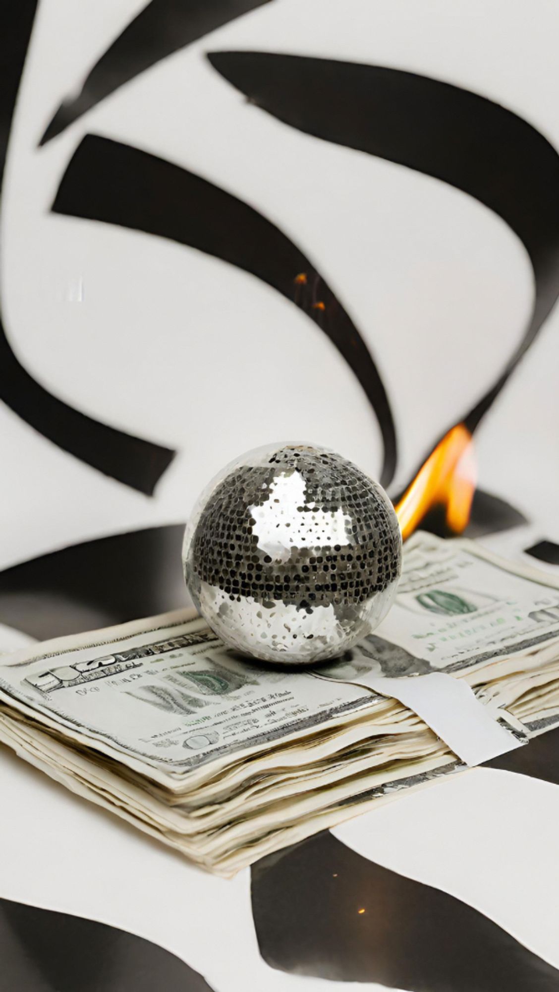 Small silver disco ball sitting on top of a pile of American dollar bills that are on fire in front of a black and white hypnosis spiral.