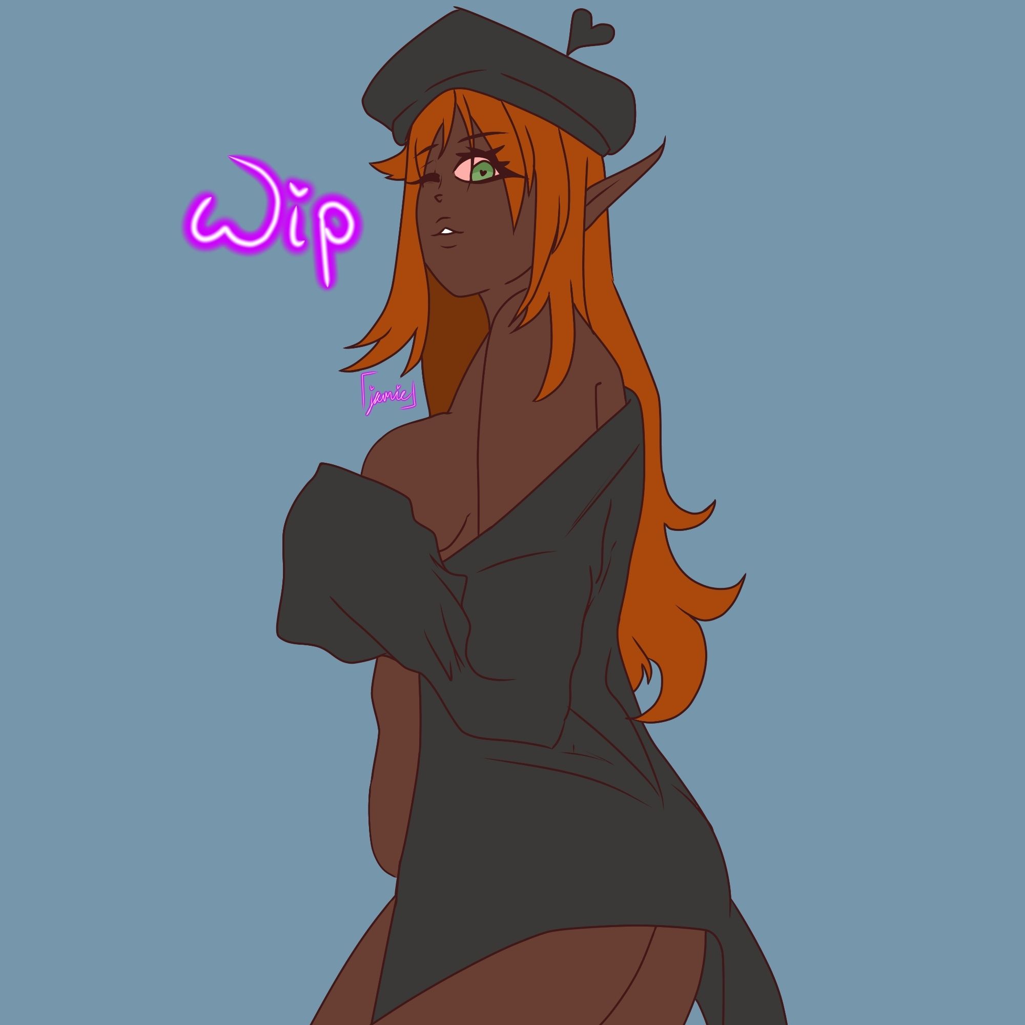 chubby dark elf in a black tee ( possibly white or blue when i finish this ) long red hair, and a beret.