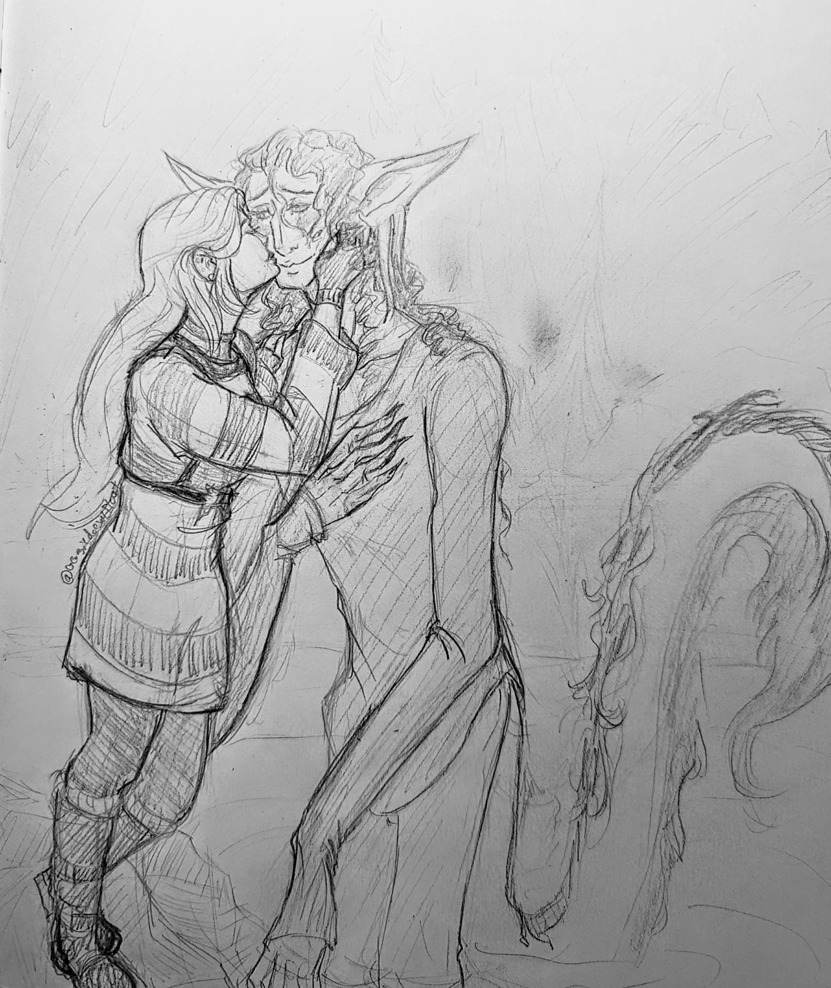 Pencil sketch of my friend Poe's gal Lucille and my Nokken boy Nikko :) 