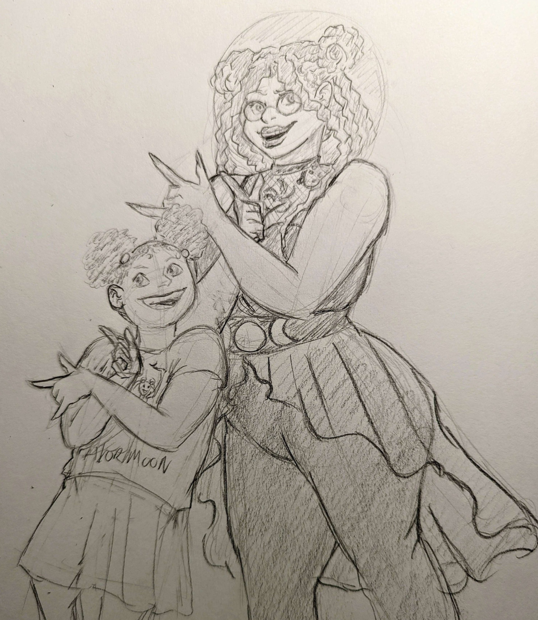 Pencil drawing of Kaneeka Forsyth from Scarlet Hollow with her younger self cos i thought that was cute since the character is really into Sailor Moon