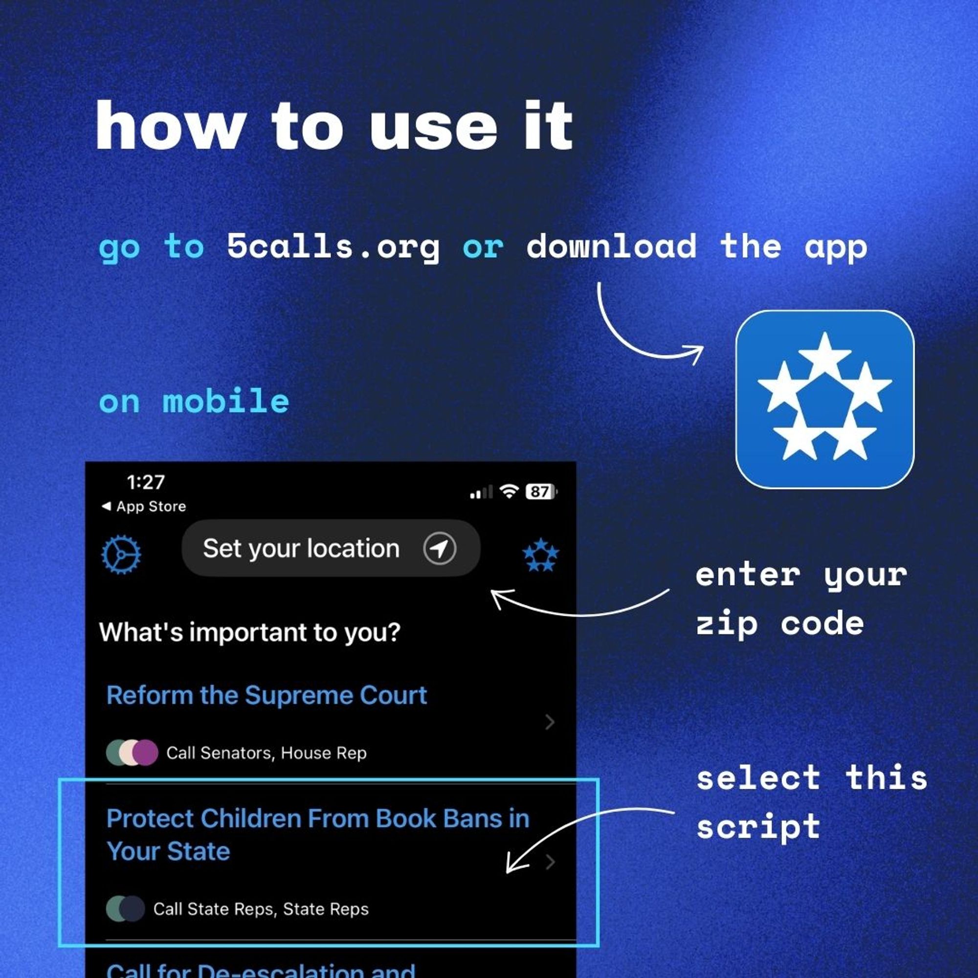 how to use it: 

go to 5calls.org or download the app. Set your location by entering your zip code, and then select the PROTECT CHILDREN FROM BOOK BANS IN YOUR STATE script