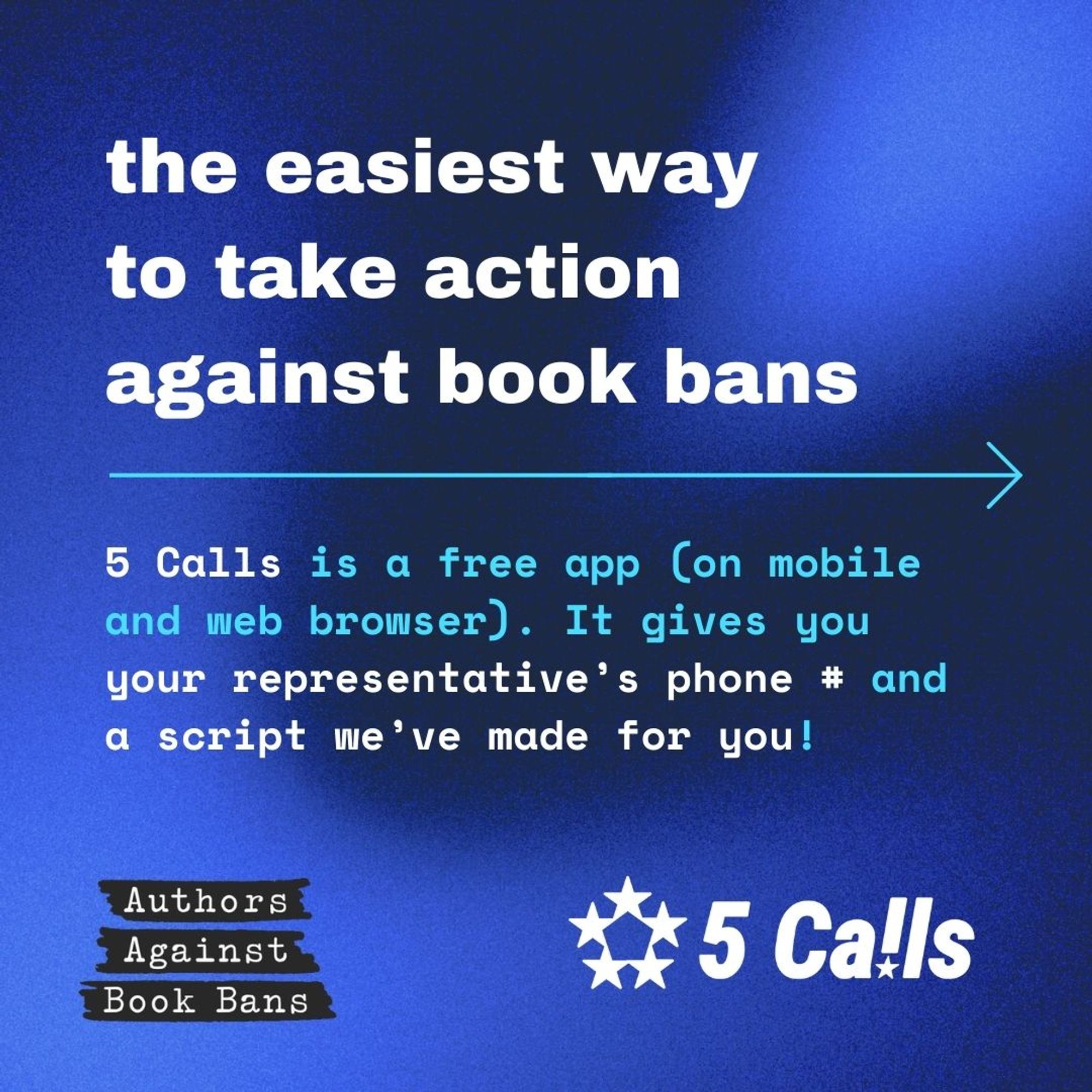 the easiest way to take action against book bans: 

5 calls is a free app (on mobile and web browser). it gives you your reps phone #, and a script we made for you!