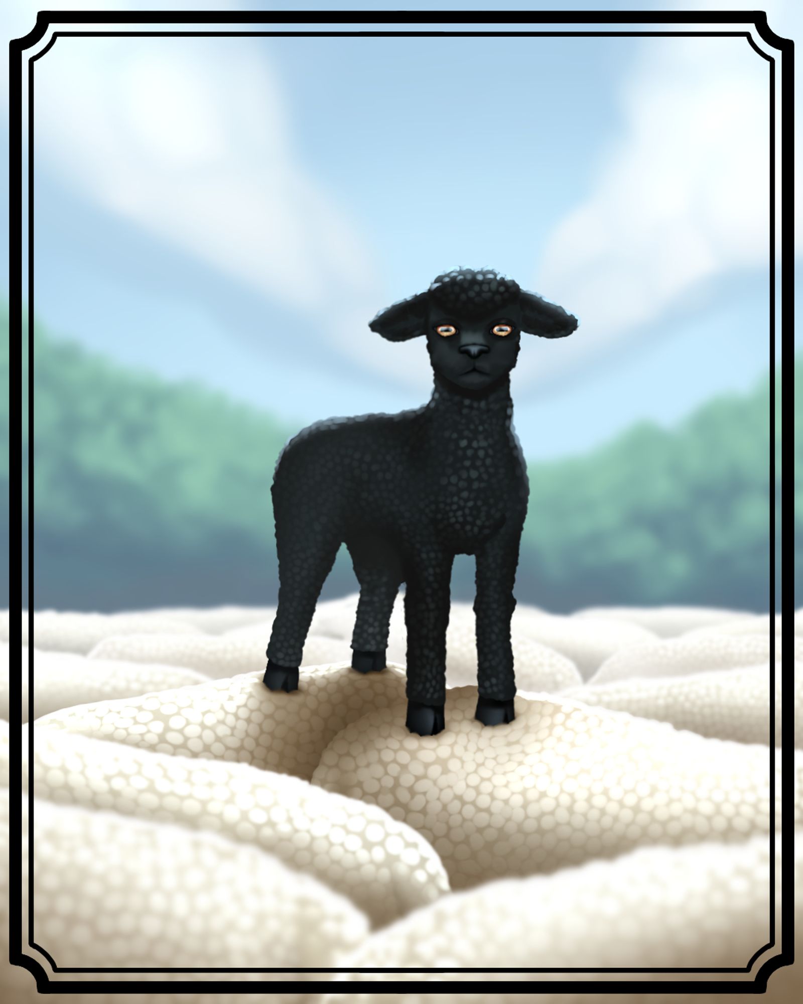 a truly beautiful work of art created by yours truly of a black lamb standing upon the backs of a adult white sheep hoard. there is great contrast between the light blue white atmospheric fog and the black sheep allowing him to stand out. his position is staring directly into the camera and the background is positioned to draw your attention to the sheeps eyes. none of the white adult shepe have visible faces as their heads are down and they appear like rolling hills of fluffy fir. also contrasting against the black sheep. the black sheep not only stands confidently but above the others. despite not fitting in with his surroundings.