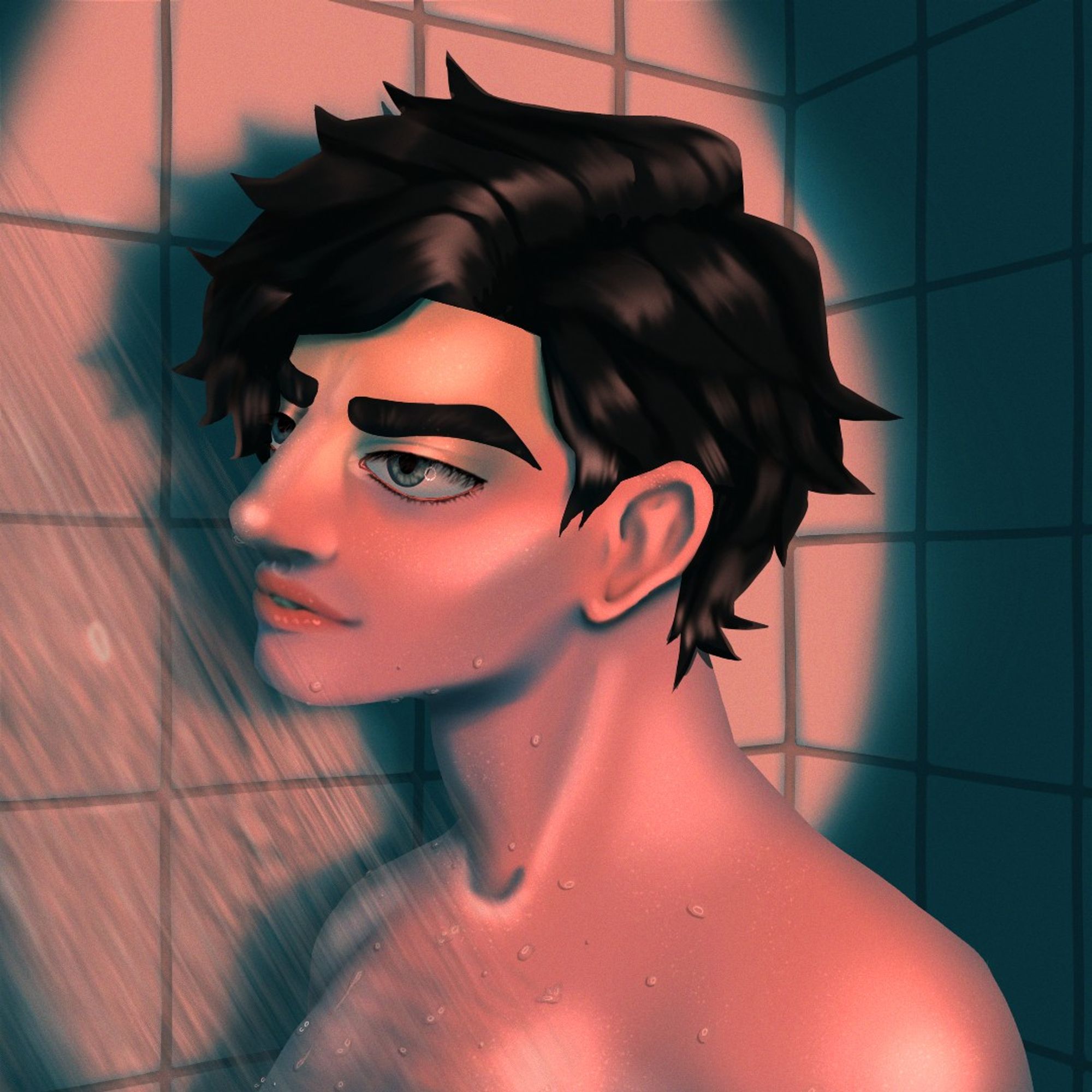 a drawing i created of the bust of a man in a shower. the lighting is a circular light red spotlight and the shadows are a adeep blue. he is wet and shiny and there are droplets of water on him.