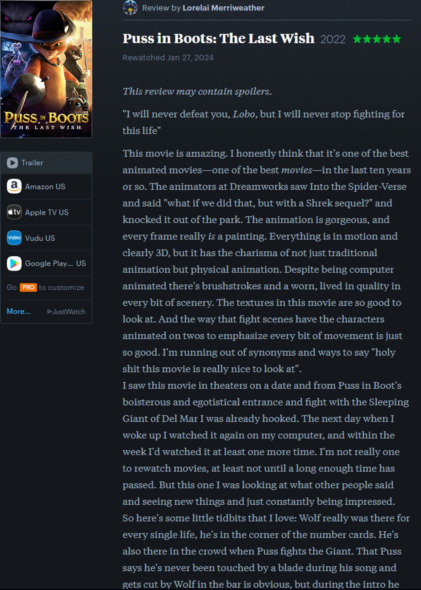 A screenshot of the review for Puss in Boots: The Last Wish contained within