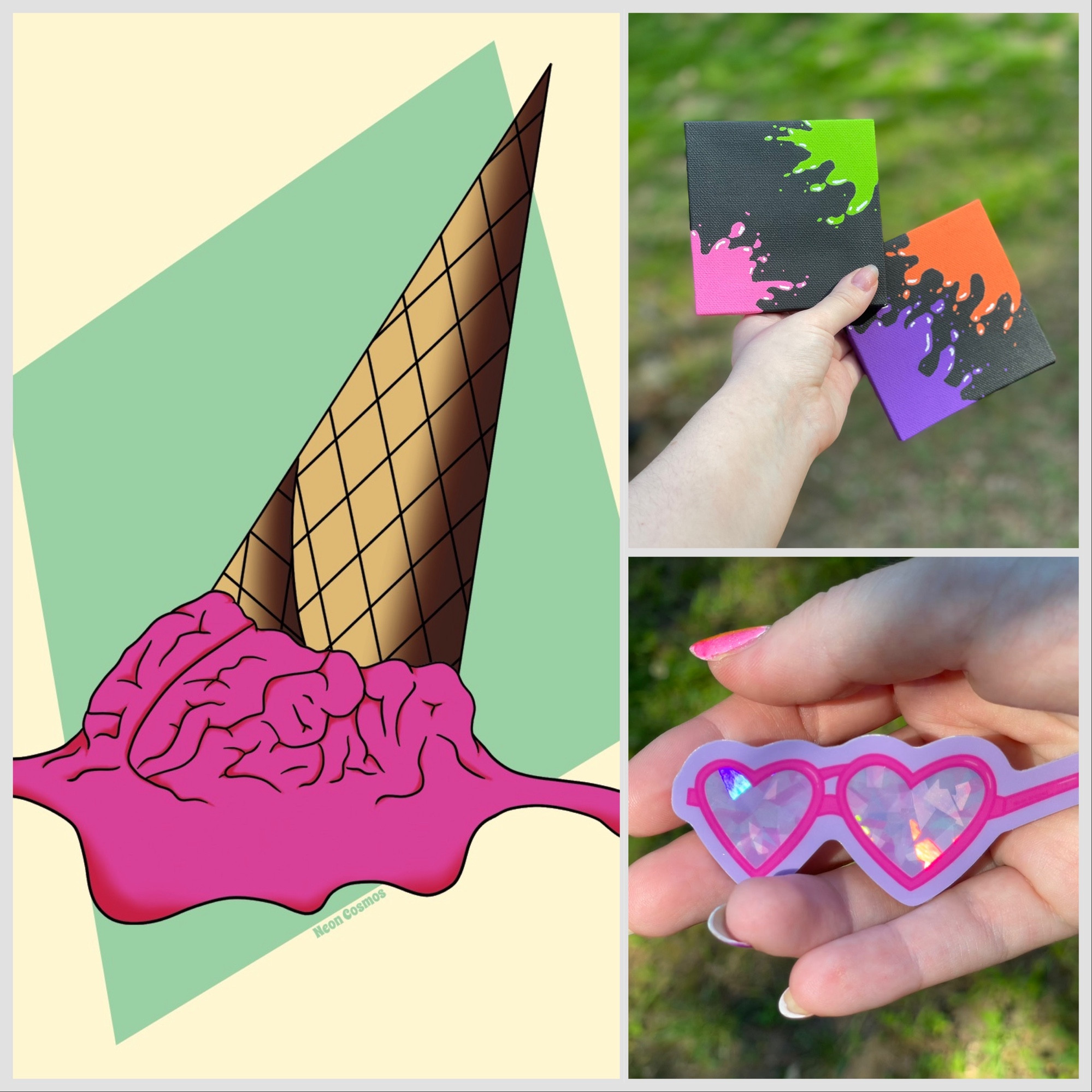 A collage of a melting brain ice cream cone, a picture of mini cartoony splat paintings on mini black canvases, and a picture of a sticker in hand of heart shaped kaleidoscope glasses. The ice cream is upside down like is been dropped and the brain is neon pink, there is a mint green abstract rectangle behind in on an off white background. The mini paintings are one of pink and green splats and the other of orange and purple splats held by one hand above grass seen in the background. The sticker of the glasses; the glasses have pink rims, the lenses are pink and purple hued fractal shapes with a holographic prism finish on top, the border of the sticker is a muted light purple, held in the palm of a hand above grass seen in the background