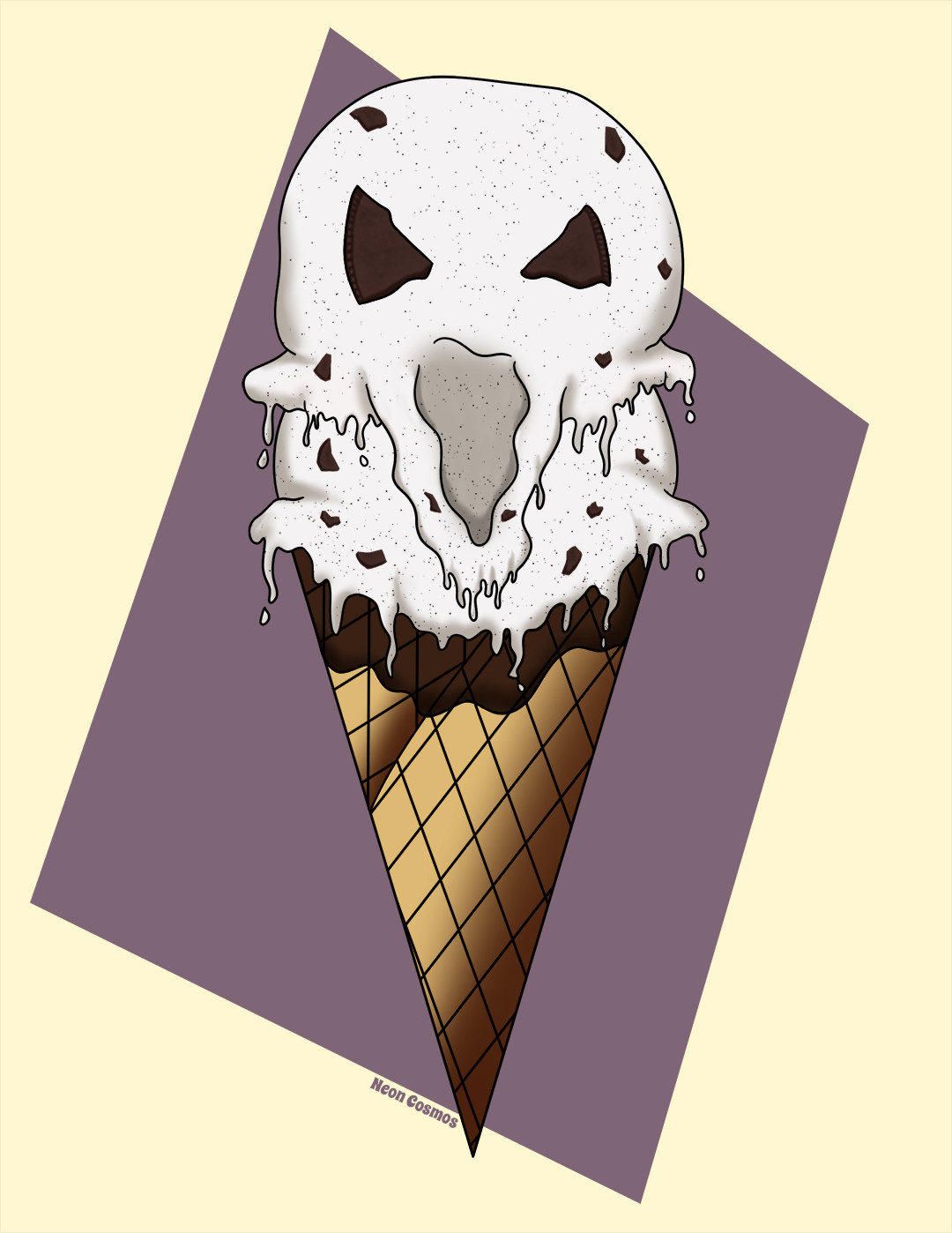 A digital drawing that is tattoo style/inspired in art style, made to look like 2 scoops of cookies and cream ice cream, but with the top scoop having a melting looking long scream face (like the scream painting or ghostface) with shading of that shape to show that, and 2 large chocolate sandwich cookie chunks made to look like angry eyes. Behind the ice cream is a muted purple abstract/tilted rectangle on top of on off white background.