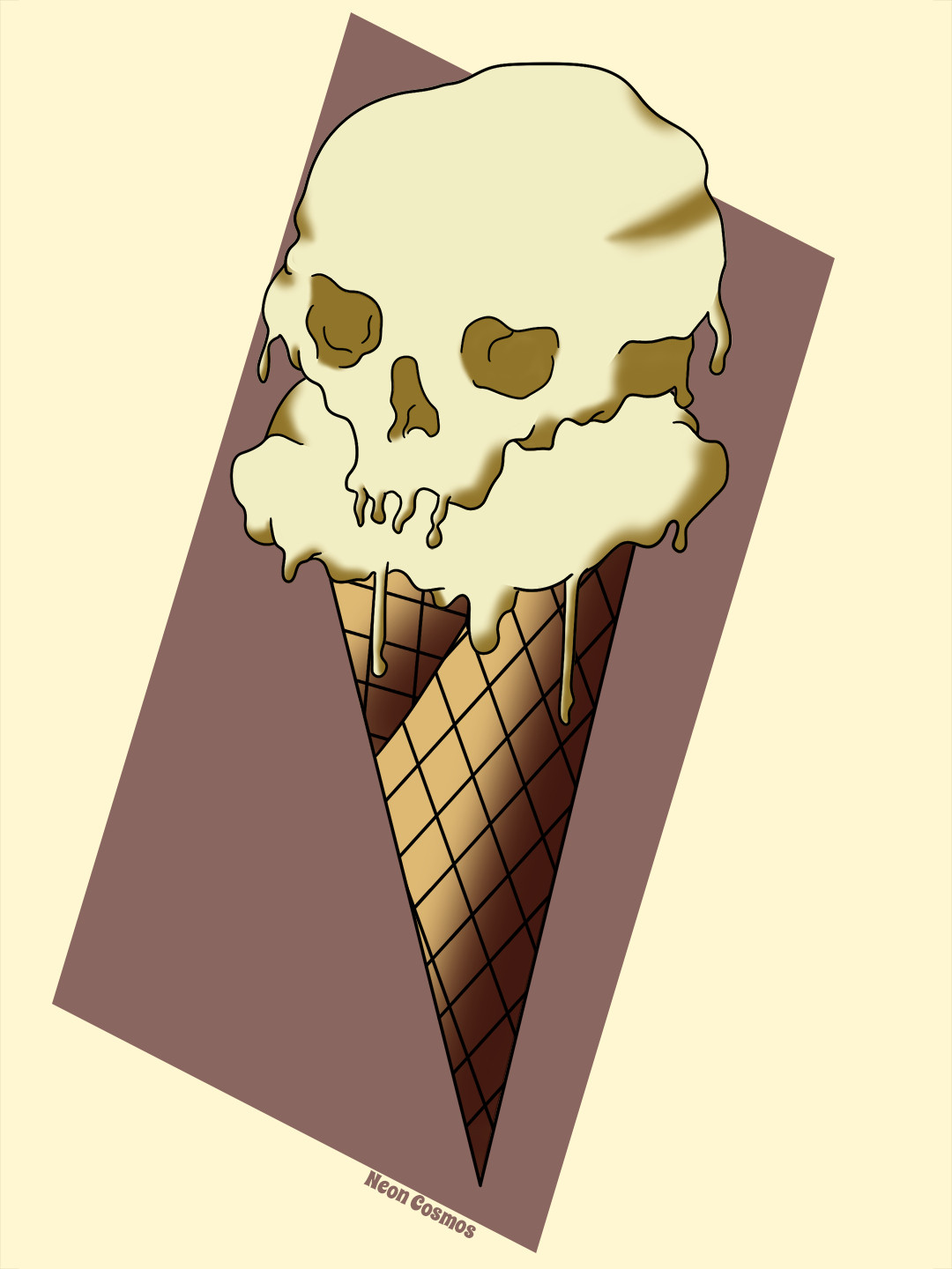 Digital drawing of two scoops of off white/cream ice cream with the top scoop resembling a melting skiull, drawn in a cartoony and tattoo like art style, with an abstract muted red-mauve rectangle behind it and off white background