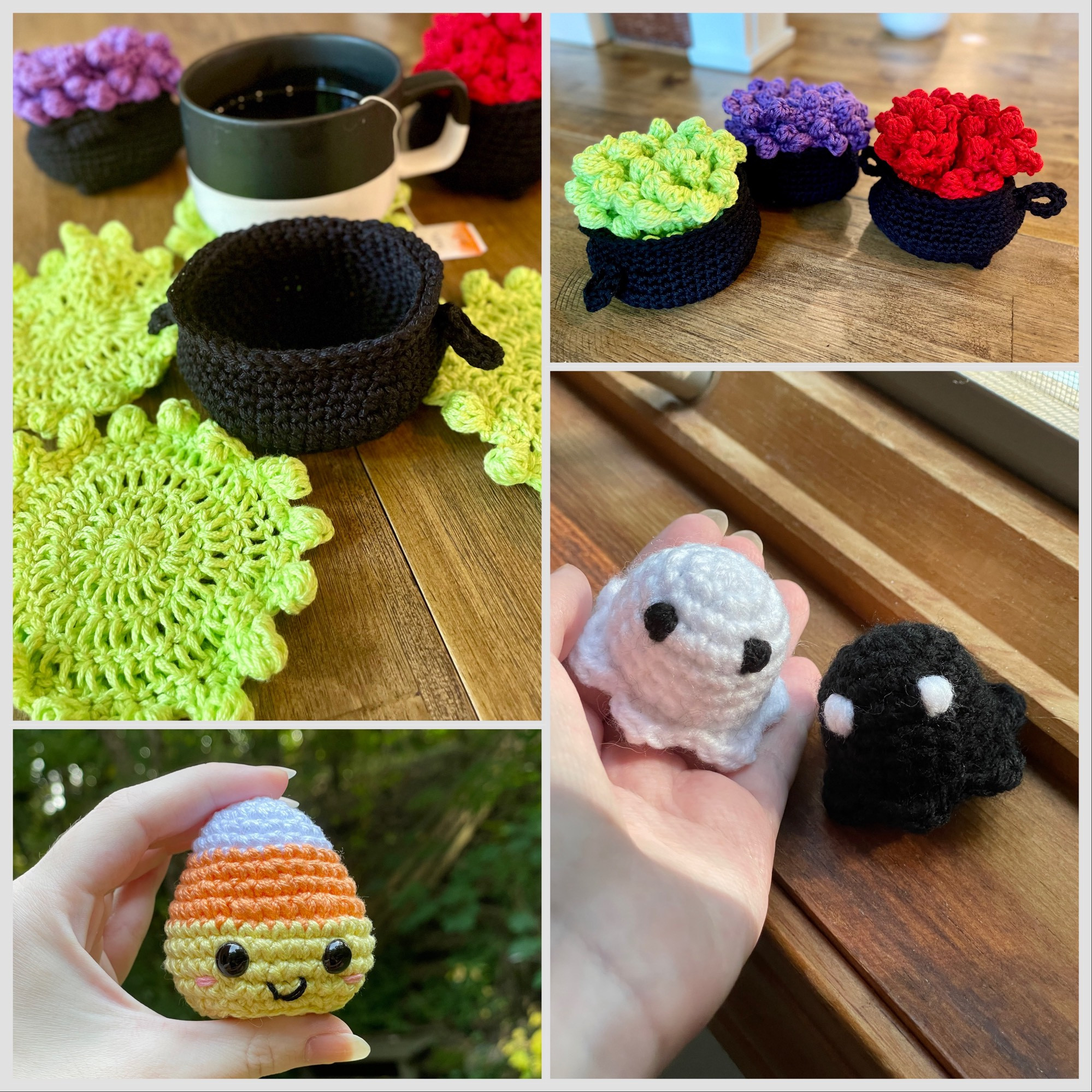 A collage of a bubbling cauldron coaster set, a crochet candy corn amigurumi, and white and black ghost amigurumis. 2 images are of the coaster set, one is lime green bubble bordered coasters set out flat around the cauldron, and a mug of tea on one, with 2 others in the back, one red one purple. The 2nd is 3 in their packed up cauldron form that looks like a bubbling cauldron, one is lime green bubbles, one purple, one bright red. The ghosts are a mini white ghost with black eyes and a mini black ghost with white eyes, the white one being held in a hand next to the black one on a brown windowsill. The mini candy corn has black safety eyes, a small embroidery floss smile and pink floss cheeks, held up with trees and greenery in the background