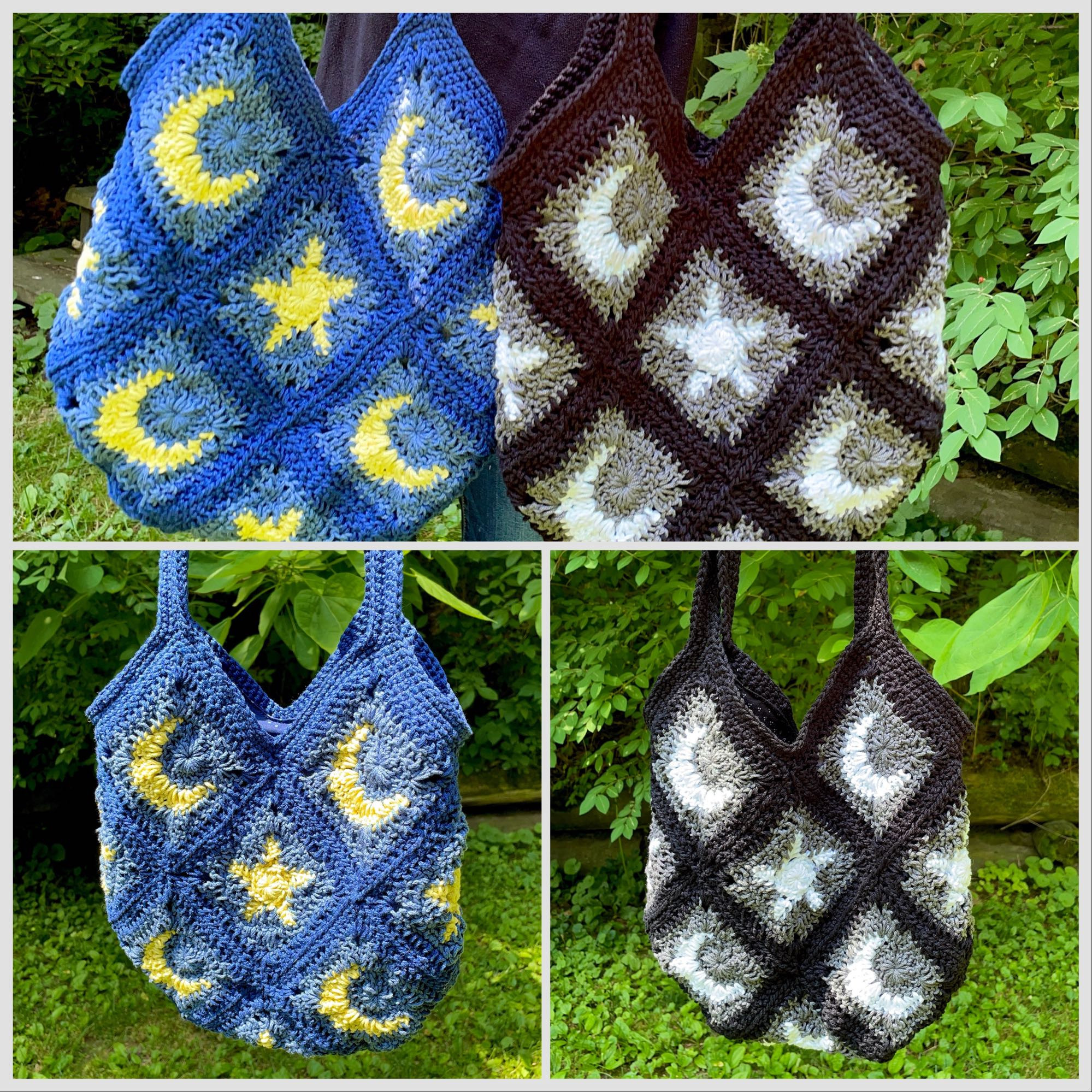 A collage of the night sky granny square tote bags. The squares are stacked diagonal with peaks and valleys on top and 2 straps. One bag is yellow moons dnd stars, on a medium blue square with a navy blue border and straps. The other is white moons and stars with a charcoal grey square and black borders and straps