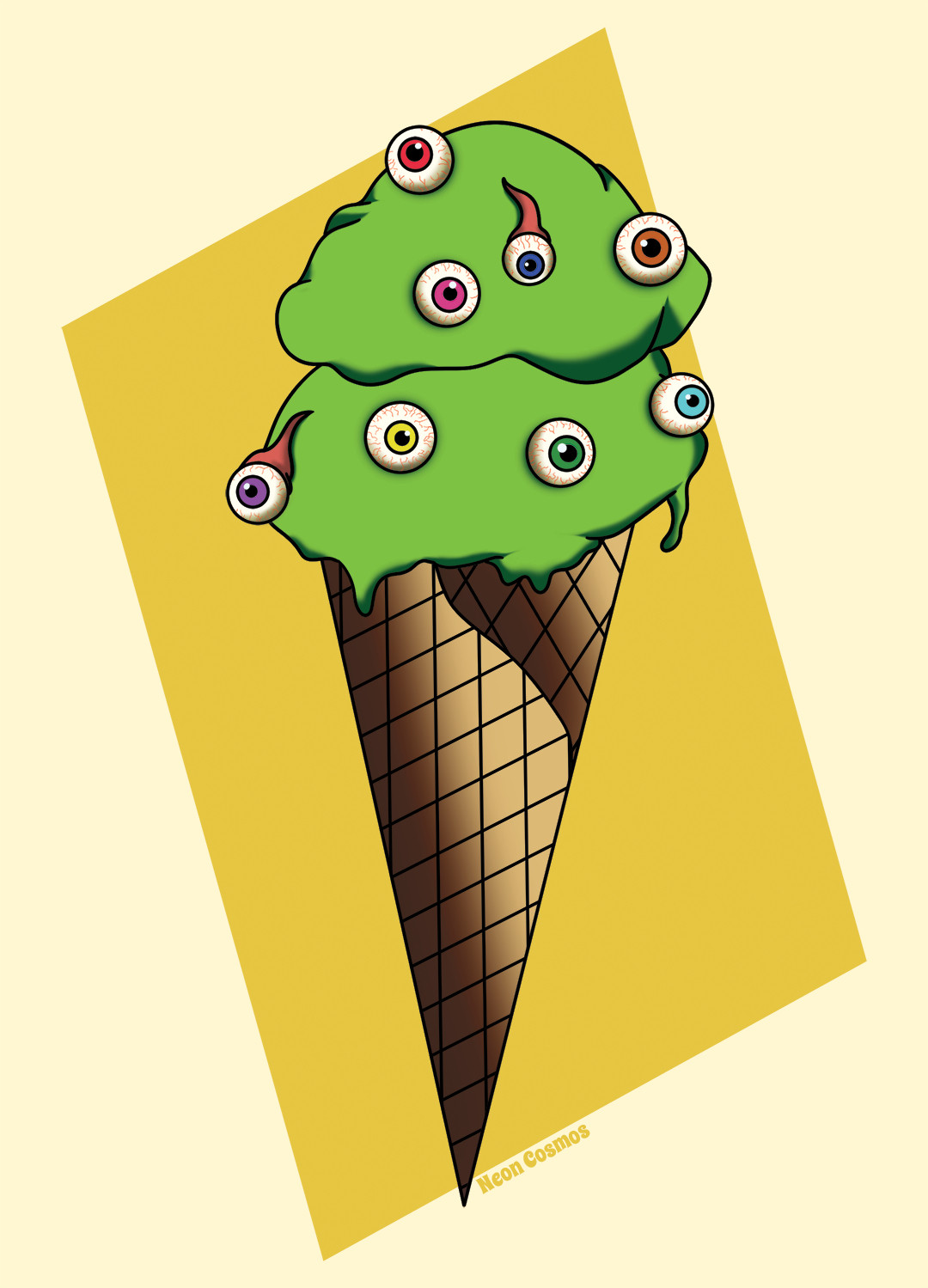 Digital drawing of two scoops of bright green ice cream with eye balls on it in a cartoony and tattoo like art style, with an abstract muted yellow rectangle behind it and off white background