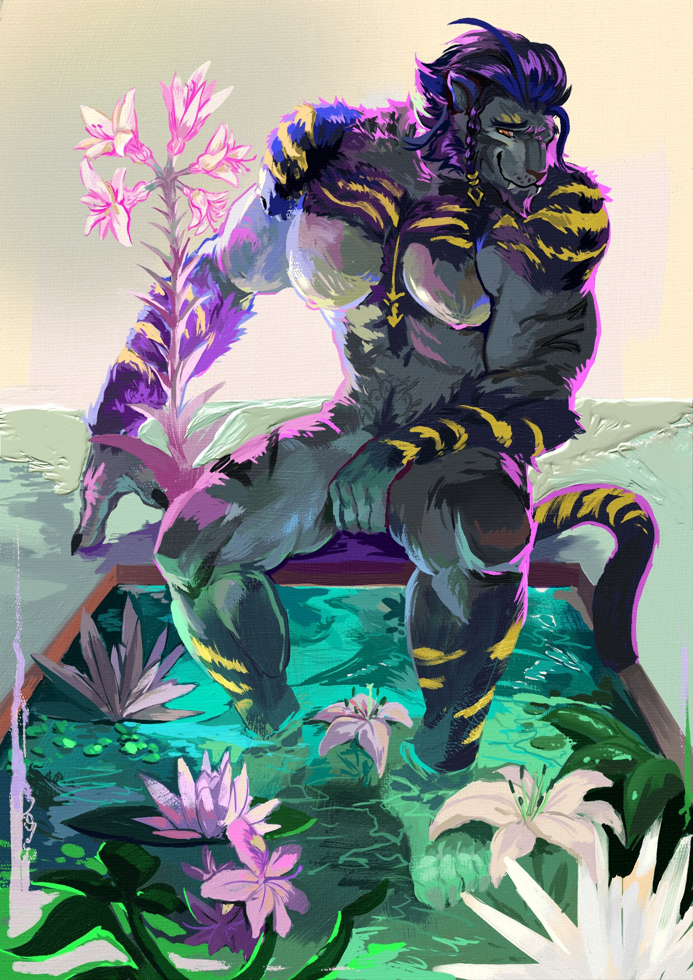 Hrothgar character enjoying soaking his feet at a pool full of various lilly adjacent flowers with prominent voluptuous breasts capturing an array of light colors