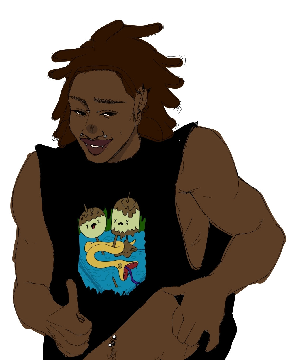 ilustração de um jovem negro com dreads marrom avermelhados levantando um pouco da blusa pra mostrar um piercing no umbigo. ele faz um joinha com a outra mao pois o piercing ficou lindo !