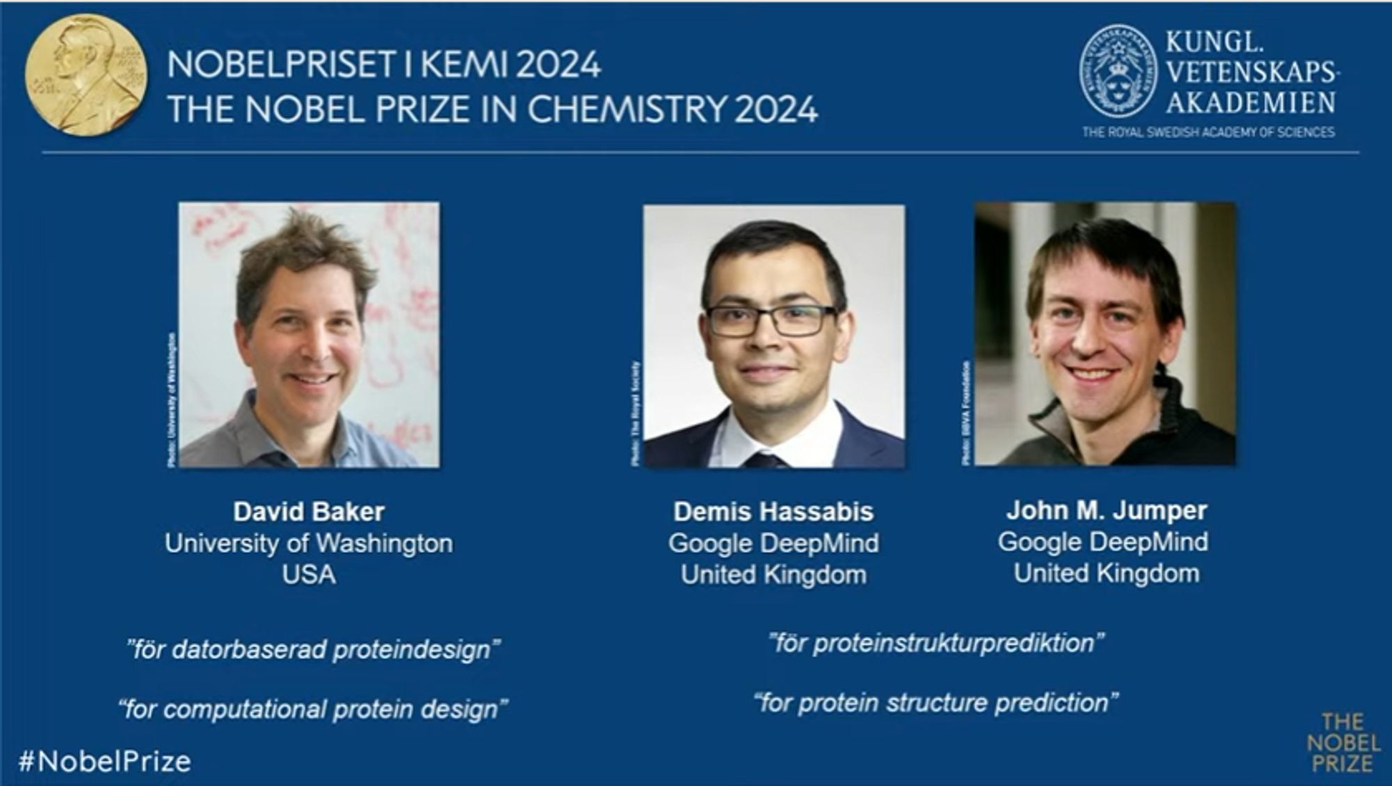 David Baker, Demis Hassabis, and John Jumper win the 2024 Nobel Prize in Chemistry.