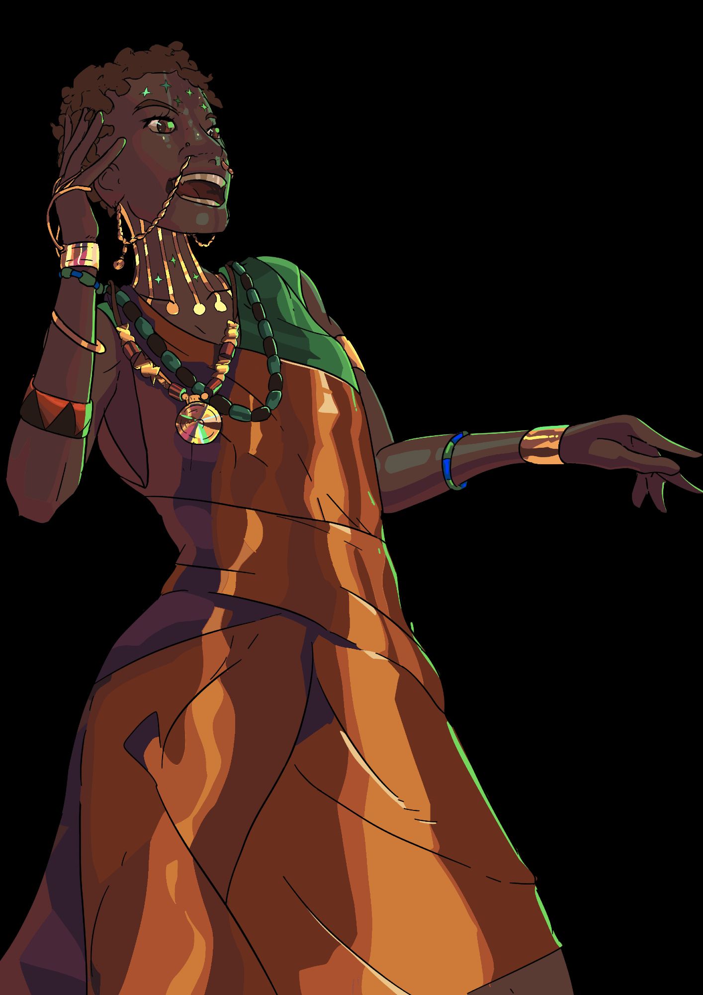 Tau-Indi Bosoka, Federal Prince of the Oriati Mbo. They are laughing and dressed in a shiny gold khanga and numerous gold and green skin paint and jewelry.