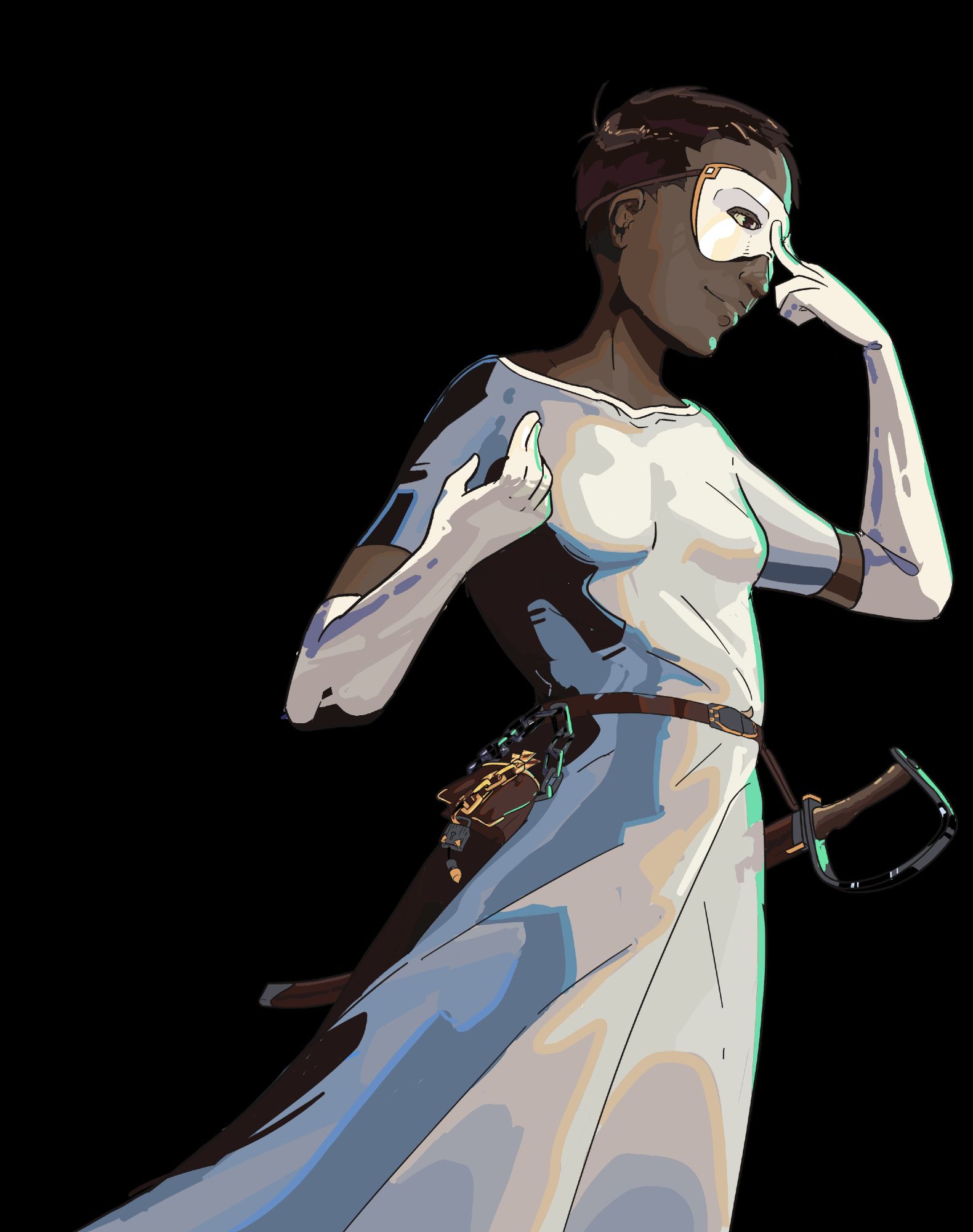 Baru Cormorant, on her way to the ball. She has her hair cropped short due to ship travel and is pressing a white porcelin mask to her face. She's wearing a simple pearlescent white dress with a sword hanging at her waist.