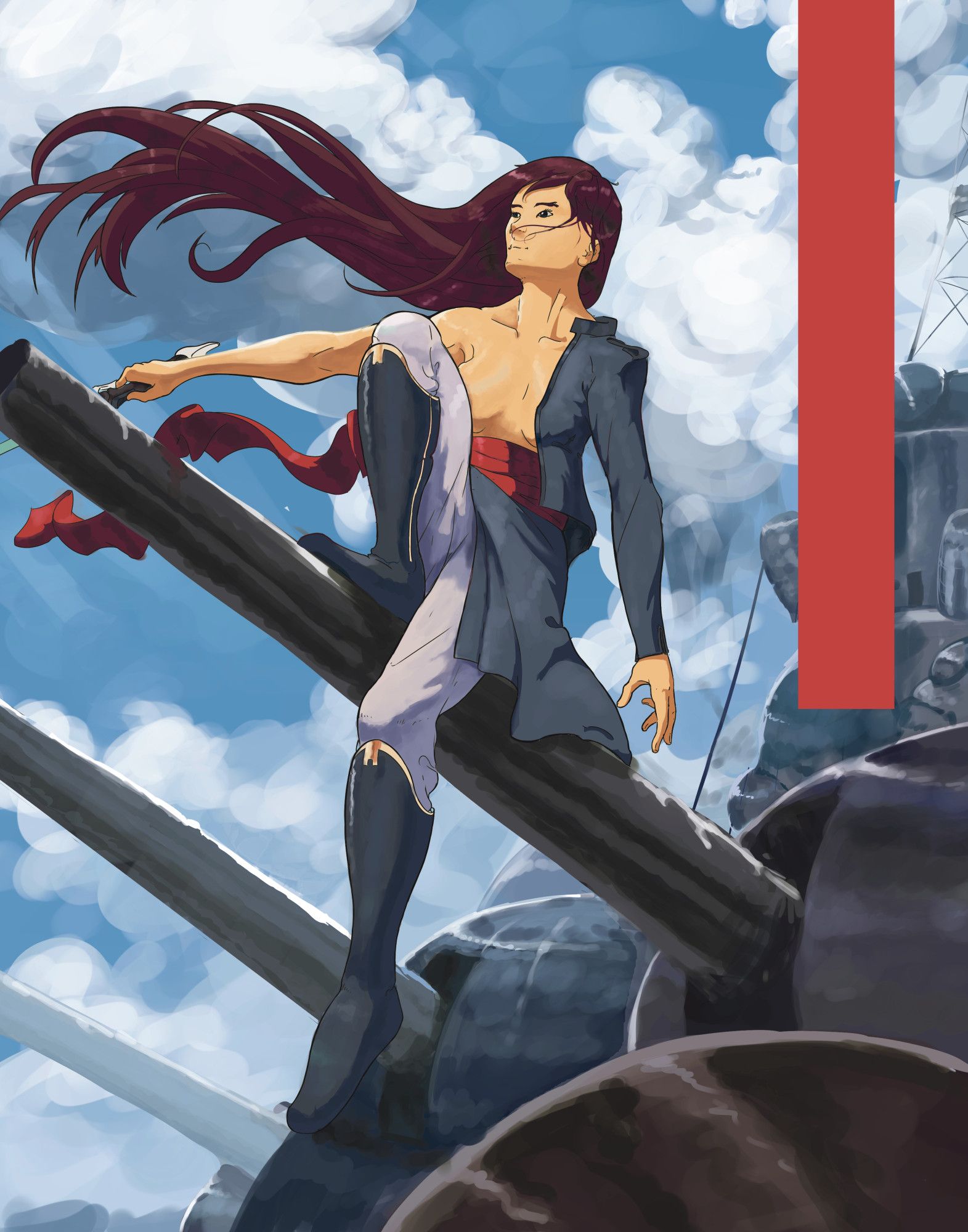 Painting of a woman sitting on a massive gun turret with a cloudscape behind her. Her hair is blowing dramatically in the wind. Her jacket is hanging on one shoulder and she wears a red sash round her waist.