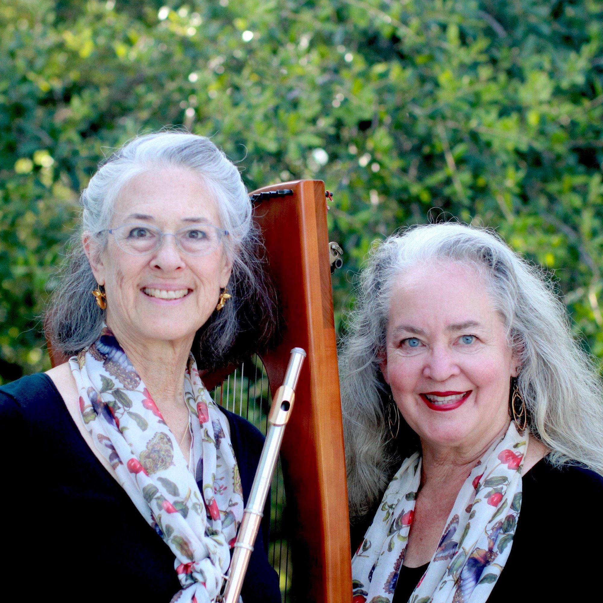 Promo pic for the flute/harp duo, Chaski. We are outdoors in front of t of a beautiful live oak tree. The flutist, Adita, is on the viewer’s left. I’m on the right. My lever harp is in between us. We are both wearing scarves printed with the with the naturalist illustrations of Maria Sibylla Merian.