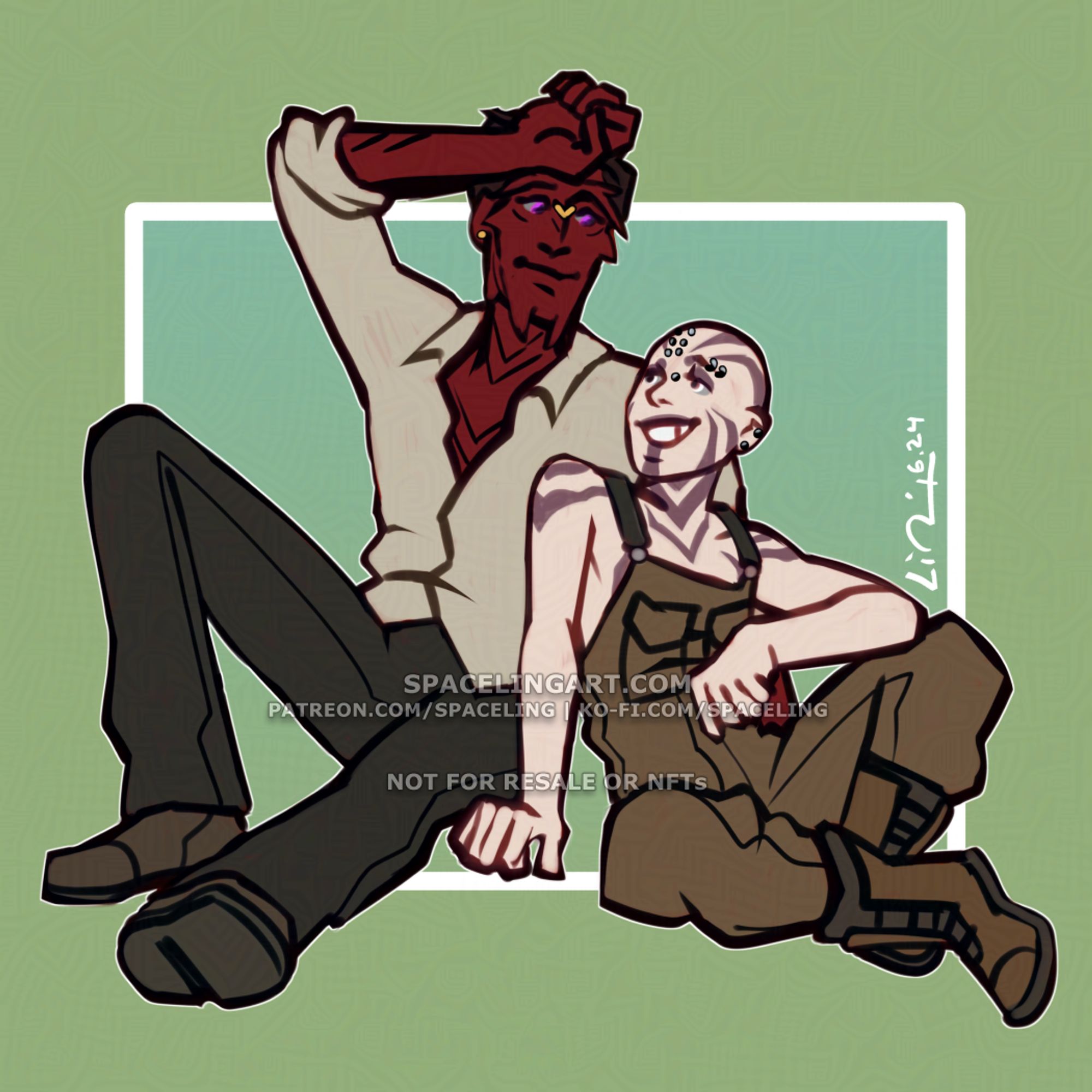 Digital illustration of a sith pureblood and a rattataki sitting on the ground and leaning against one another, smiling.