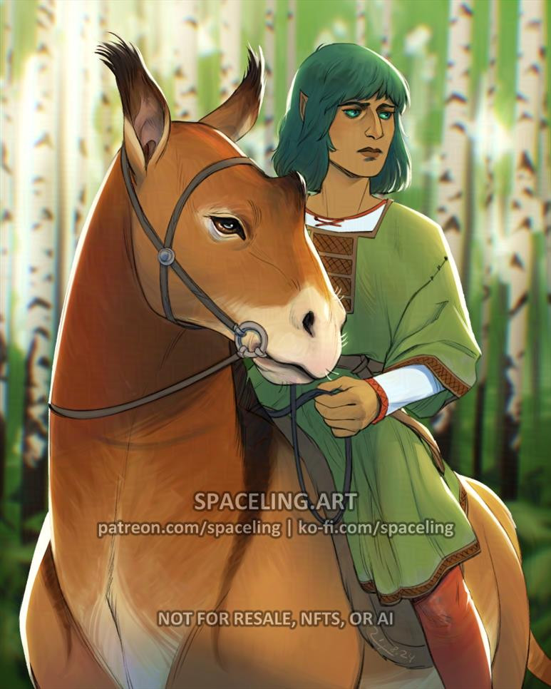 Illustration of a green-haired elf riding a horse-like animal through a birch forest.