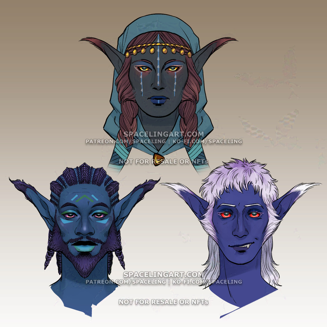 Portraits of three blue-skinned elves with long pointed ears ending in tufts of fur, and facial hair or fur running down the sides of their faces somewhat like a cat's. The first elf has more greyish skin, gold-coloured eyes, red hair in two long braids, a head-scarf, and some decorative gold discs around her forehead. The second elf has more blueish skin, pink eyes, purple hair in corn-row braids, and a full triangle-shaped beard. The third elf has purplish skin, red eyes, white hair cut down on top and long at the back.