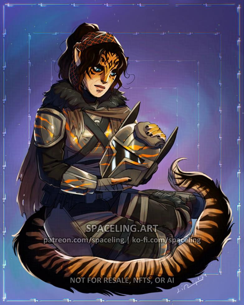 Illustration of a feline humanoid with orange fur and tiger stripes, brown hair, and wearing Mandalorian armour. She is sat on the ground and is polishing her helmet.