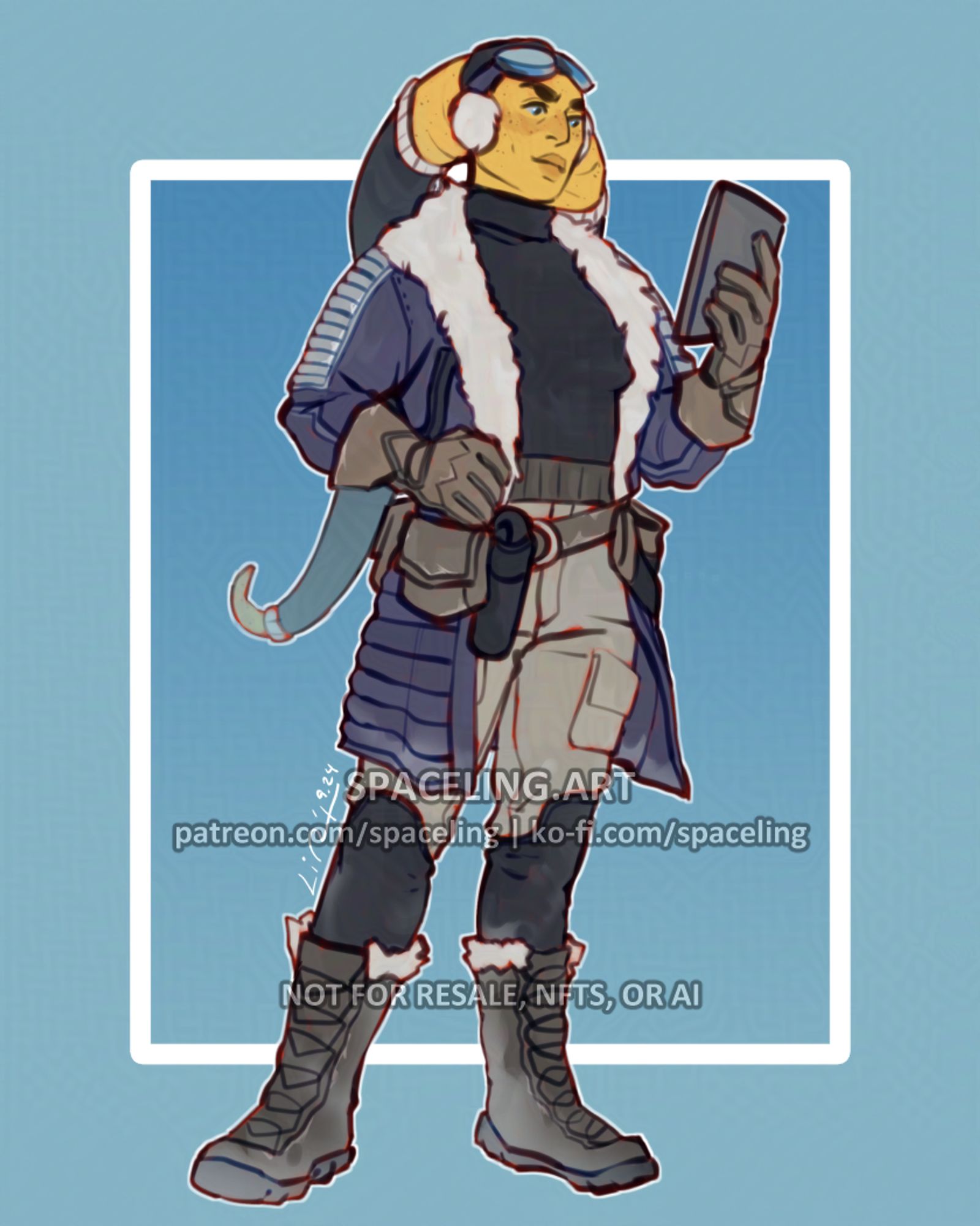 Illustration of a twi'lek with yellow skin and freckles dressed in cold-weather gear.