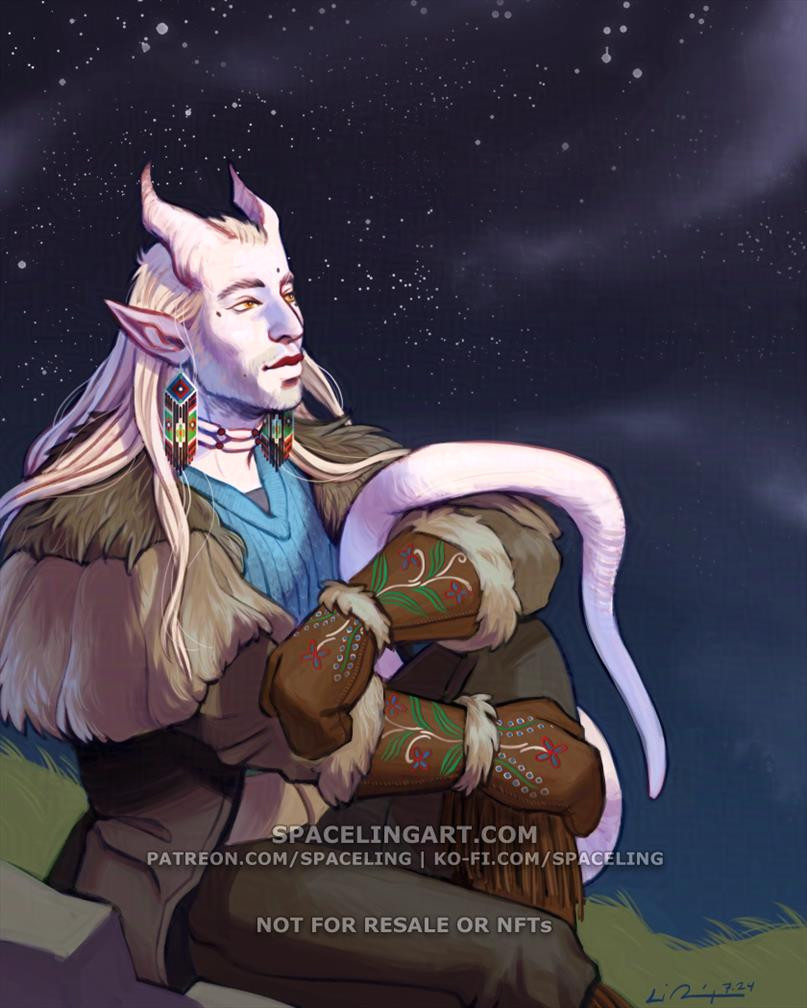 Illustration of a fair- haired and skinned tiefling sitting on a grassy hill with the starry night sky above. They are wearing furs with embroidered flowers and and native bead earrings.