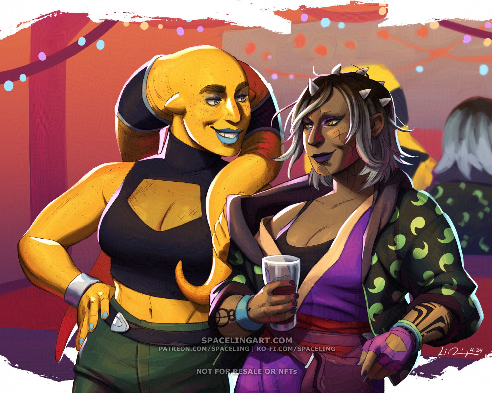 An illustration of two women, a twi'lek and a zabrak (species from Star Wars), smiling at each other and hanging out in a club. The yellow twi'lek is tugging at the zabrak's hoodie with neon accents, while the zabrak is holding a pint glass with a crimson drink.