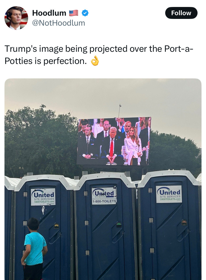 Trump’s image being projected over the port-a-potties is perfection. 