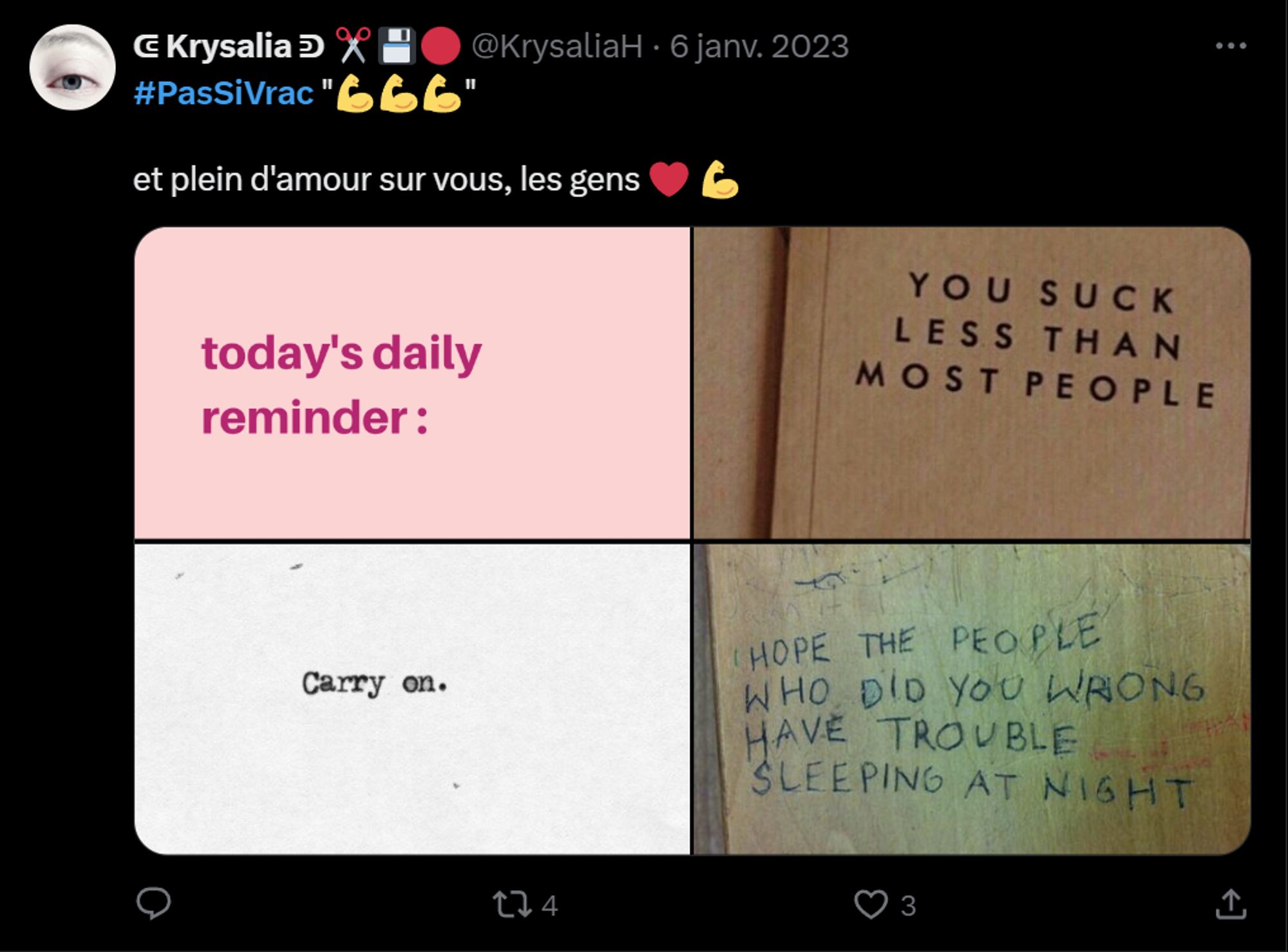 capture d'écran d'un #passivrac en une seule image qui en montre 4. 
1 : "today's daily reminder"
2 : "you suck less than most people
3 : "carry on" 
4 : "I home the people who did you wrong have trouble sleeping at night" 

le titre est : "[trois fois l'emoji muscle)" et j'avais ajouté "et plein d'amour sur vous les gens ♥ :emoji muscle:"