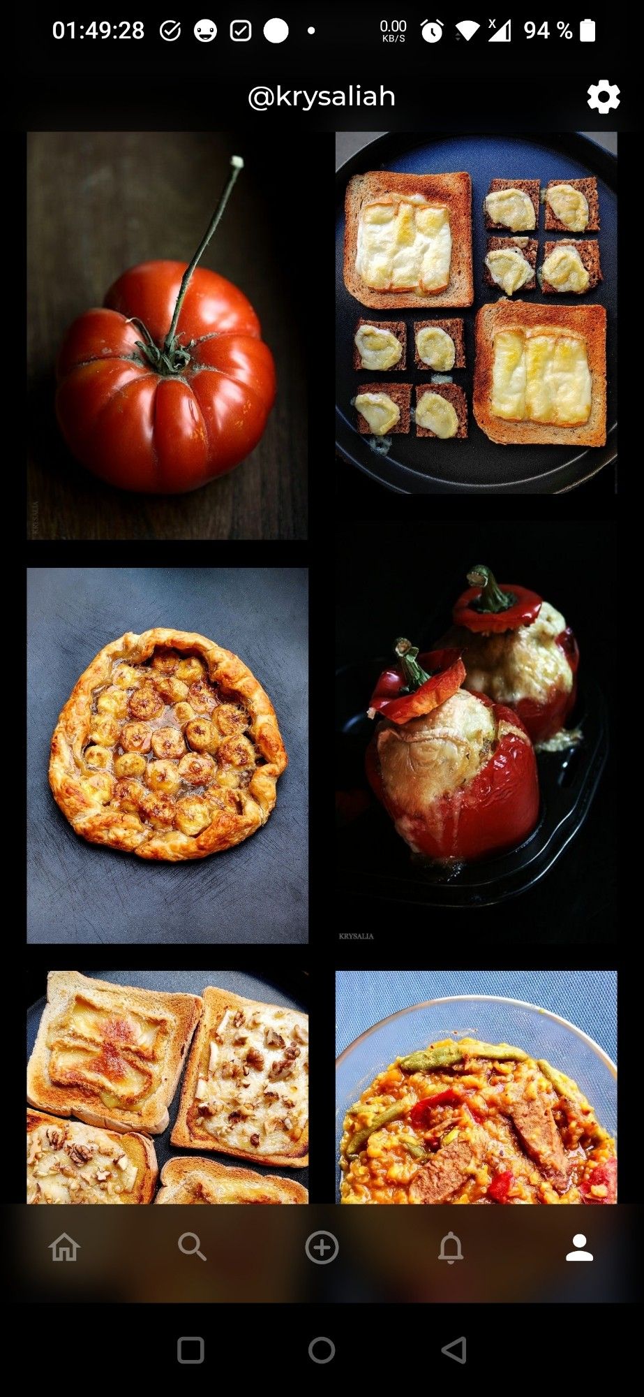 Capture d'écran du haut de mon profil sur l'application Foto avec une image de tomates côtelées, plusieurs images de toast, des poivrons farcis, une tarte à la banane et un curry. 

On peut voir que mon pseudo sur cette application est toujours le même qu'ici et sur twitch sur Twitter : KrysaliaH.