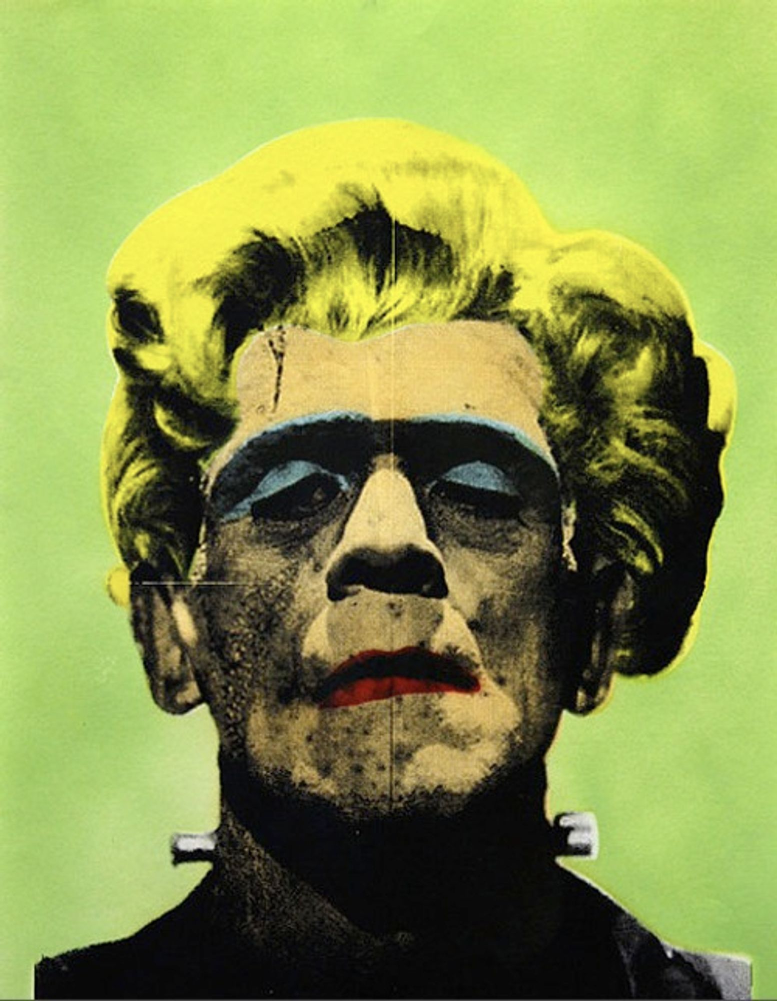 le portrait de marylin par warhol sauf qu'il s'agit de la créature du docteur Frankenstein avec les cheveux blonds et du maquillage