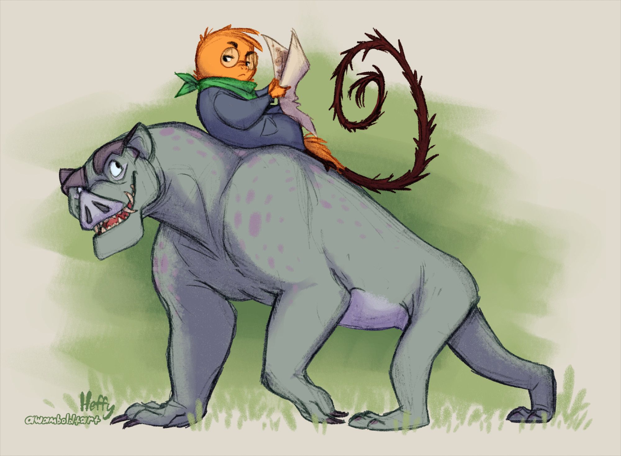 [example of: 1 simple full-body (orange critter), 1 complex full-body (grey-green beast)]

A huge, grayish-green quadrupedal beast, resembling a mixture of hog, bear and gorilla, strides along, grinning in a conversational manner back at the smaller creature atop his back - a little fluffy orange critter with a very long, quill-covered tail, wearing pince-nez glasses, bluish coveralls and a green bandana, holds a large map in his hands and glances back somewhat irritably at his companion.