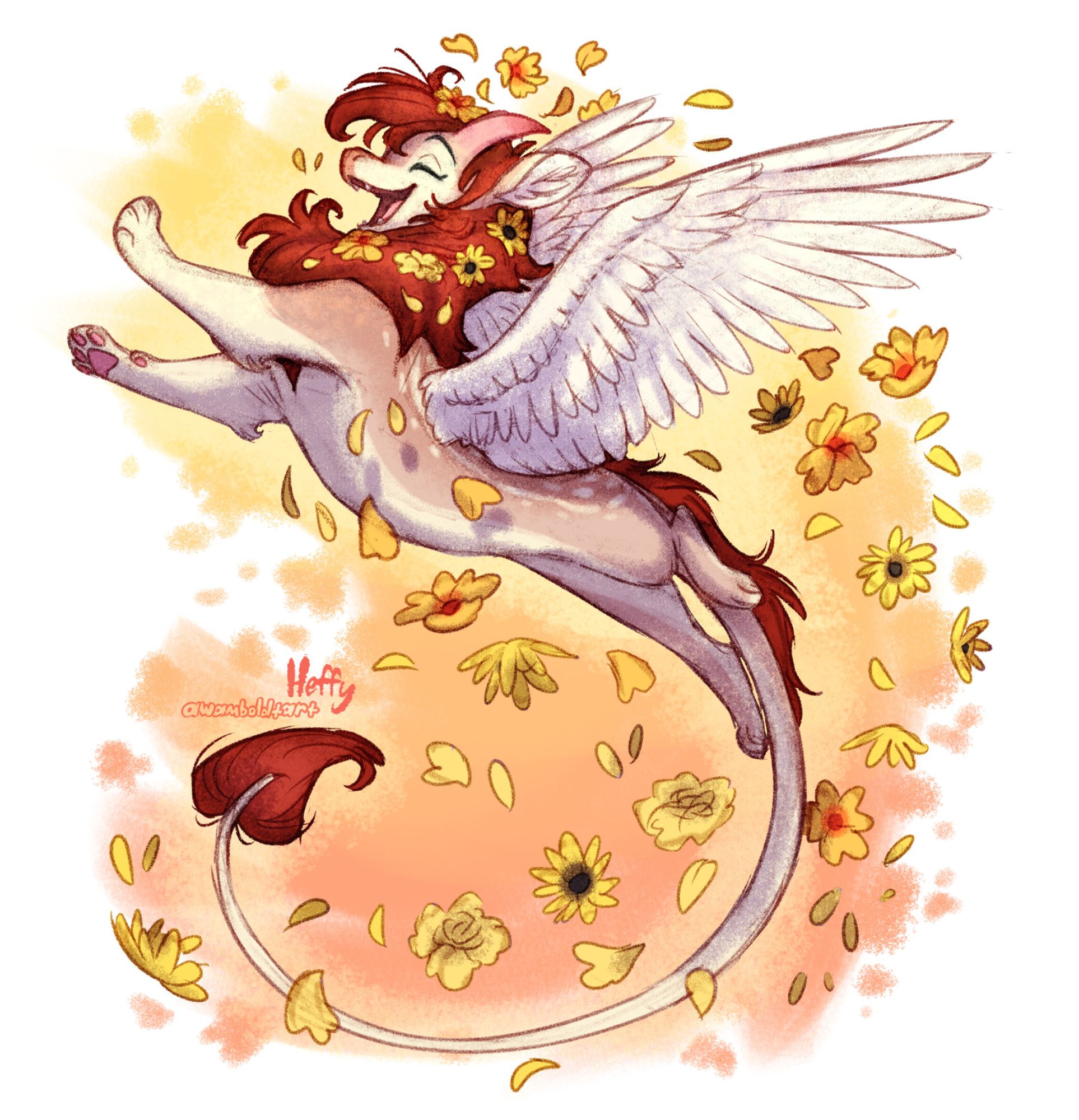 [example of: 1 complex full-body]

A dragon with a lion-like mane and body, deer-like ears, pink horns and feathered wings soars through the air with a joyful smile and playful pose. Various types of yellow flowers sprout from her mane and flow through the air behind her.