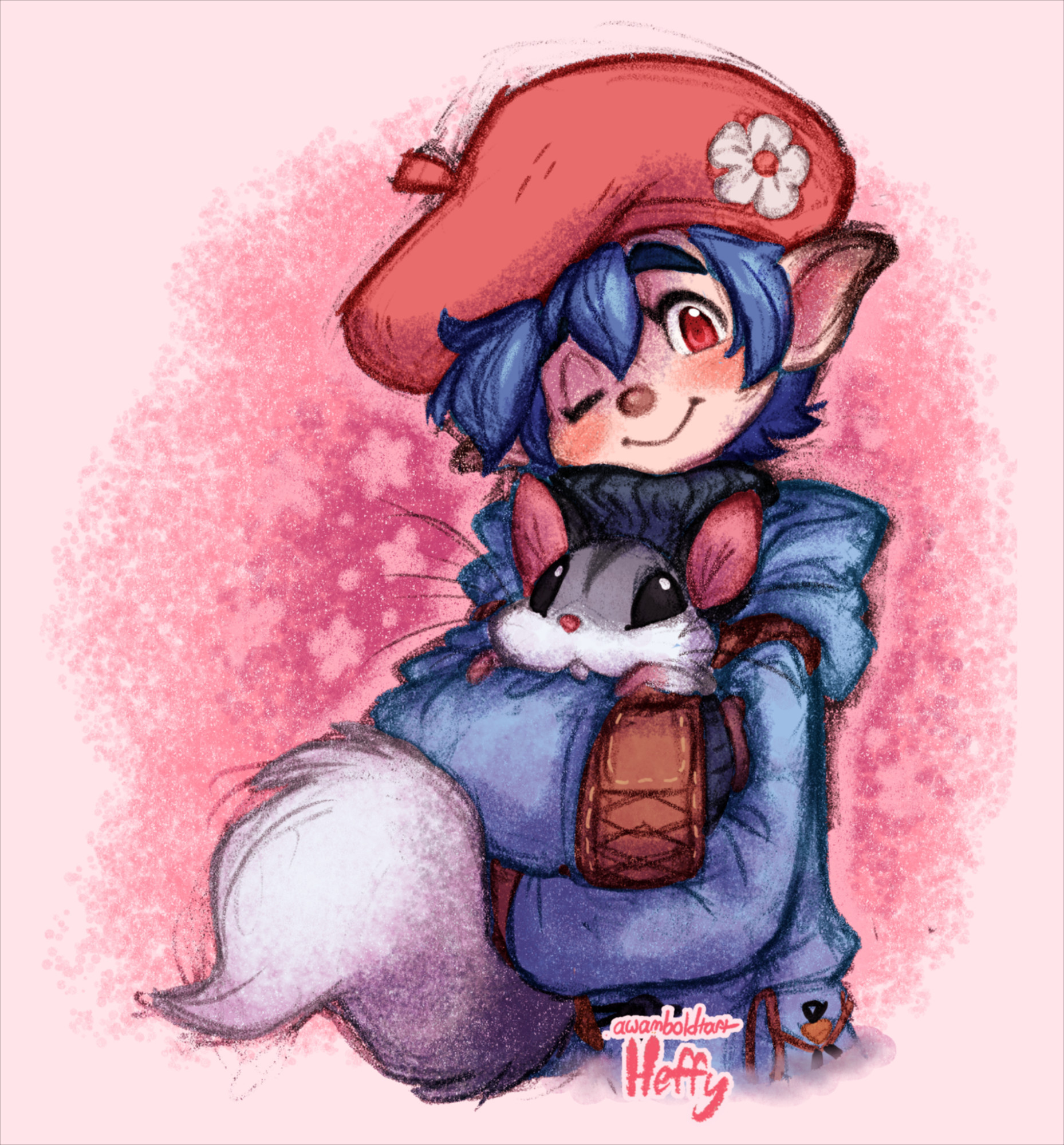 A colored sketch of a Lalafell OC, a short, long-eared eflin being from Final Fantasy XIV, holding a Nutkin, a squirrel-like creature from the same game. The Lalafell has messy short blue hair, gentle reddish eyes and a brown button nose, and are wearing a floppy flower-adorned pink beret and a dark grey turtleneck under a blue hooded coat with tan accents. They smile peacefully as they cuddle the Nutkin.