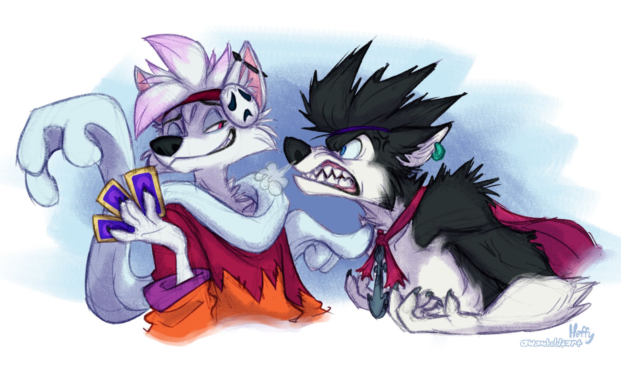 Half-body drawings of two anthropomorphic canids interacting. On the right, a muscular topless husky with huge spiky hair and a magenta cape gets up in the other's face, pissed off, snarling, snorting out steam and bristling up his hair and fur. On the left, a white wolf with large floppier hair, a small theatrical tragedy mask on the side of his head, a colorful patchwork longsleeve top and an animate, ghostlike scarf coyly turns his head with a big sly smirk. He clutches three purple cards in one paw, and one end of his scarf cheekily prods the husky.