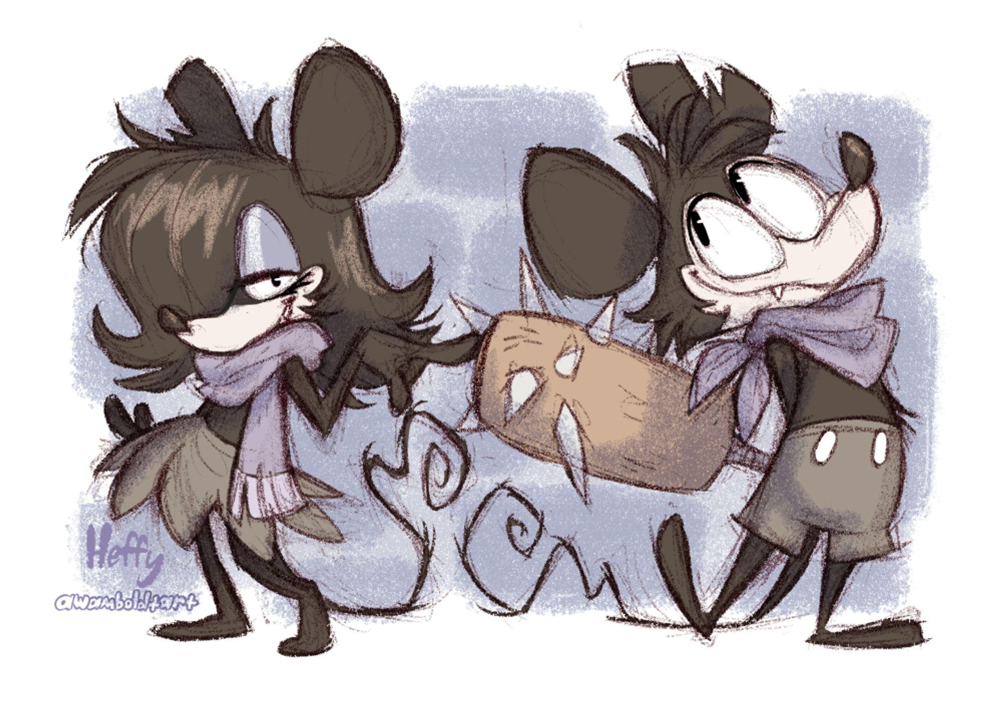 [example of: 2 simple full-bodies]

Two 1920s-toon-styled mice with scruffy fur, jagged tails and chipped ears stand together. On the right, one of the mice, in a purple neckerchief and grey shorts, poses innocently, poorly hiding a large spiked bat behind him. On the left, a feminine-looking mouse with long bangs over one eye, a grey skirt and a purple scarf, smirks at the viewer, coyly prodding the other mouse's bat.