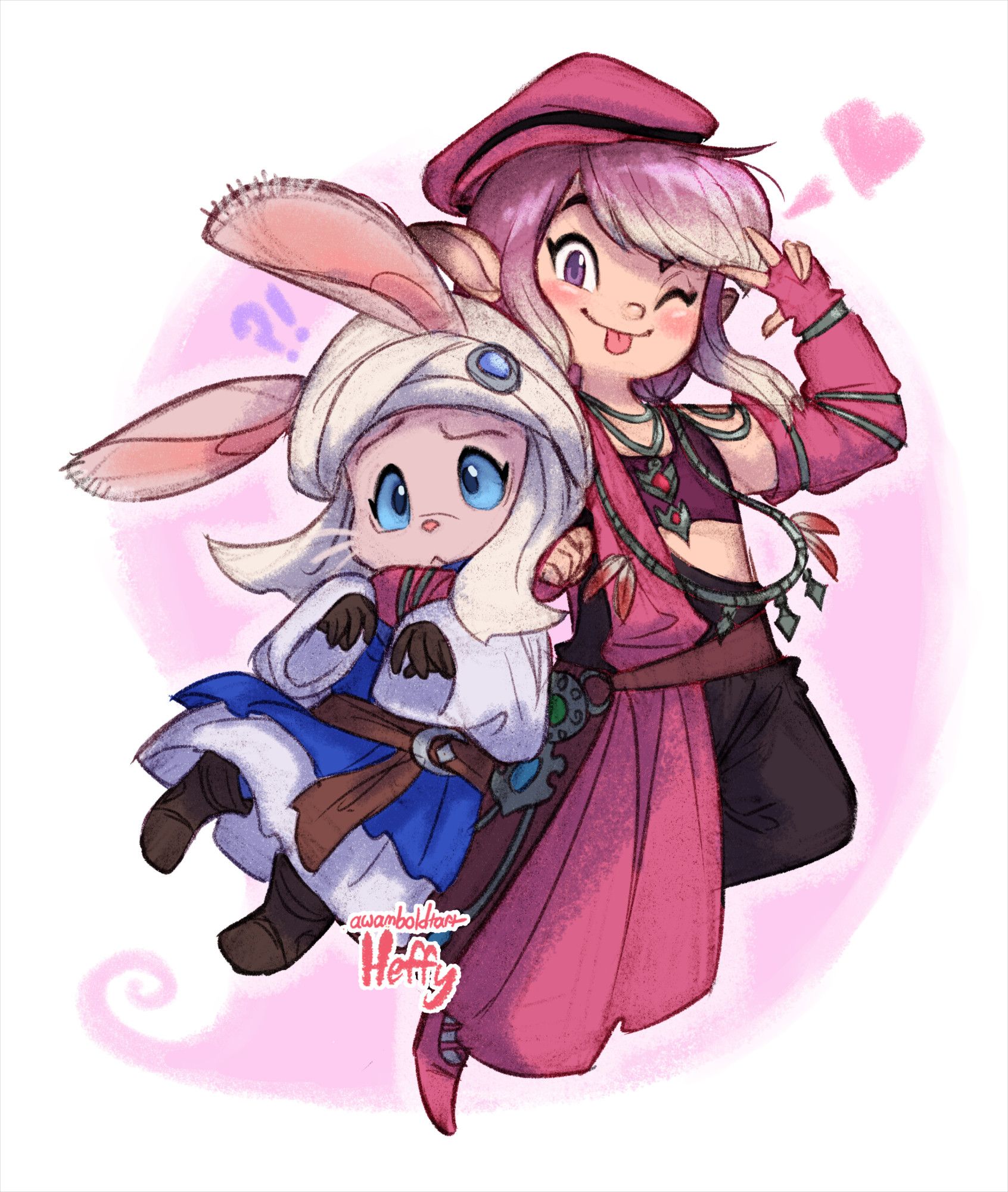 A playful-looking Lalafell, a short elfin being from Final Fantasy XIV, winking at the viewer and clutching a very alarmed and confused Loporrit, a little anthropomorphic rabbit creature from the same game, in her arm.