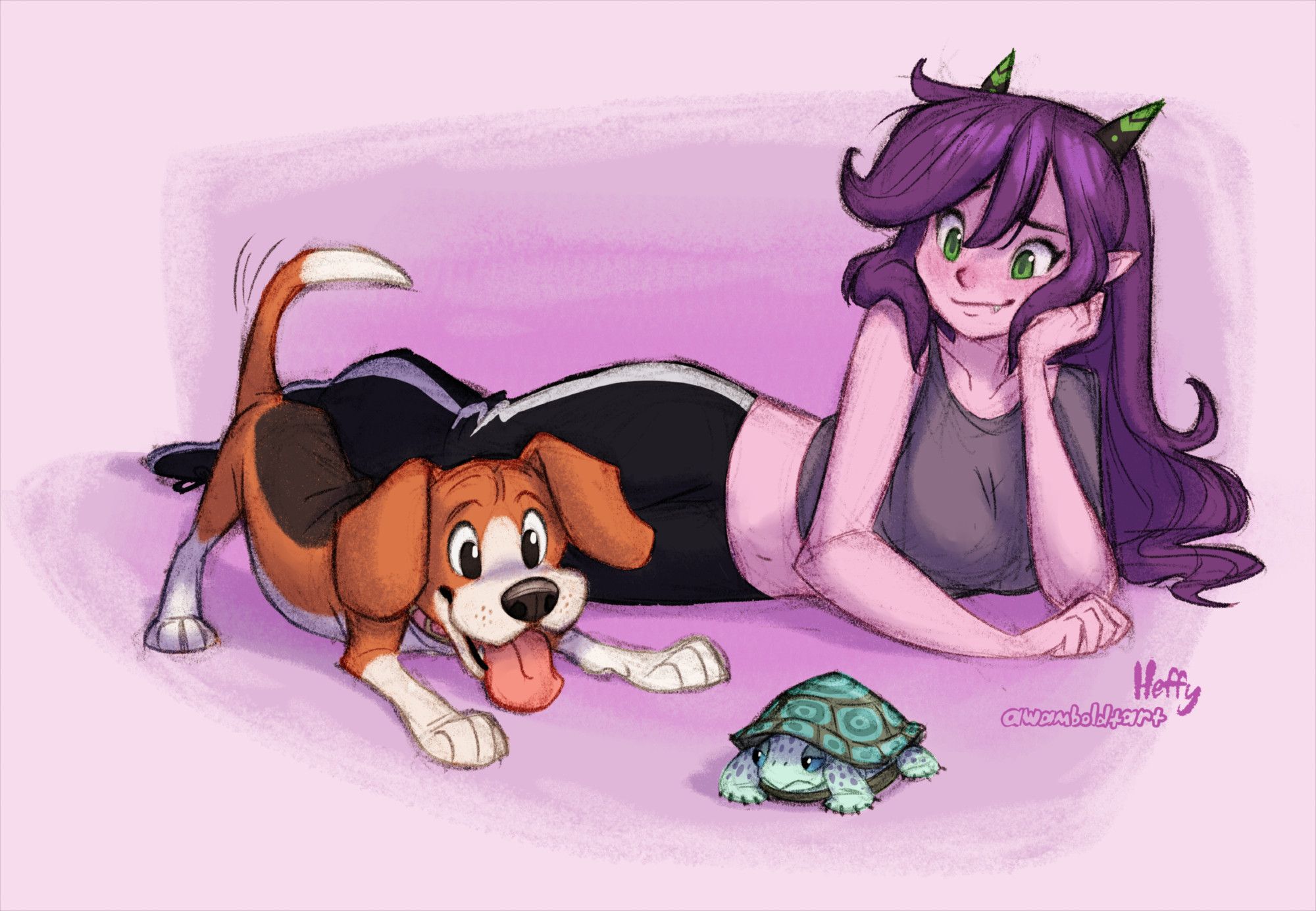 A young demon woman, with long purple hair, small green-and-black horns, green eyes and a little fang, lies on the floor, wearing athletic clothing and resting her cheek on a hand. In front of her, her beagle puppy, panting and wagging her tail, stands in play posture before a small diamondback terrapin who tucks into his shell with a disinterested expression. The demon girl smiles fondly at the two.