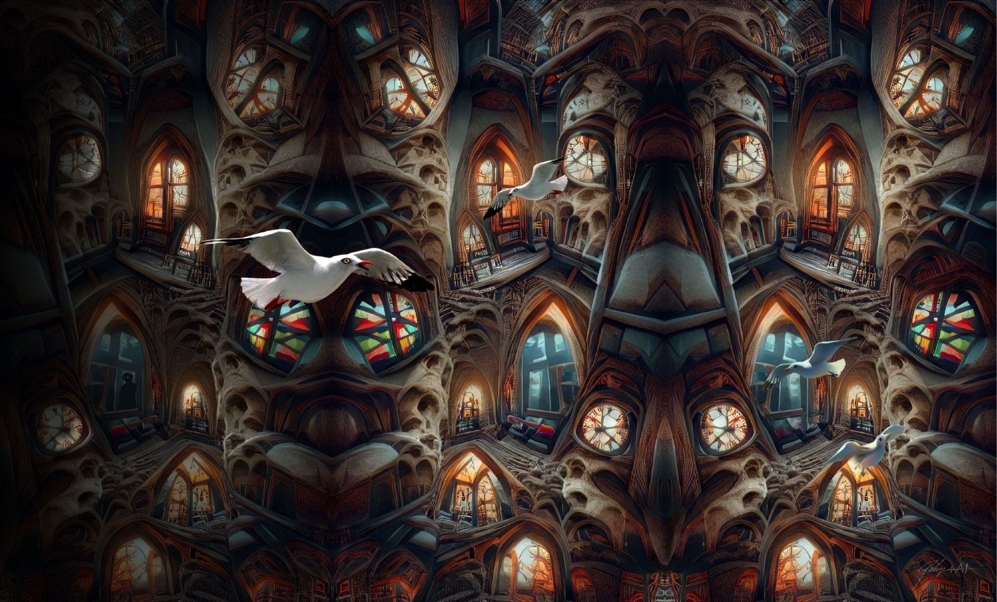 Seagulls flying around in a psychedelic clock tower. Created with VQGAN+CLIP and a lot of image editing with Affinity Photo. The original is A2 size, 300dpi.